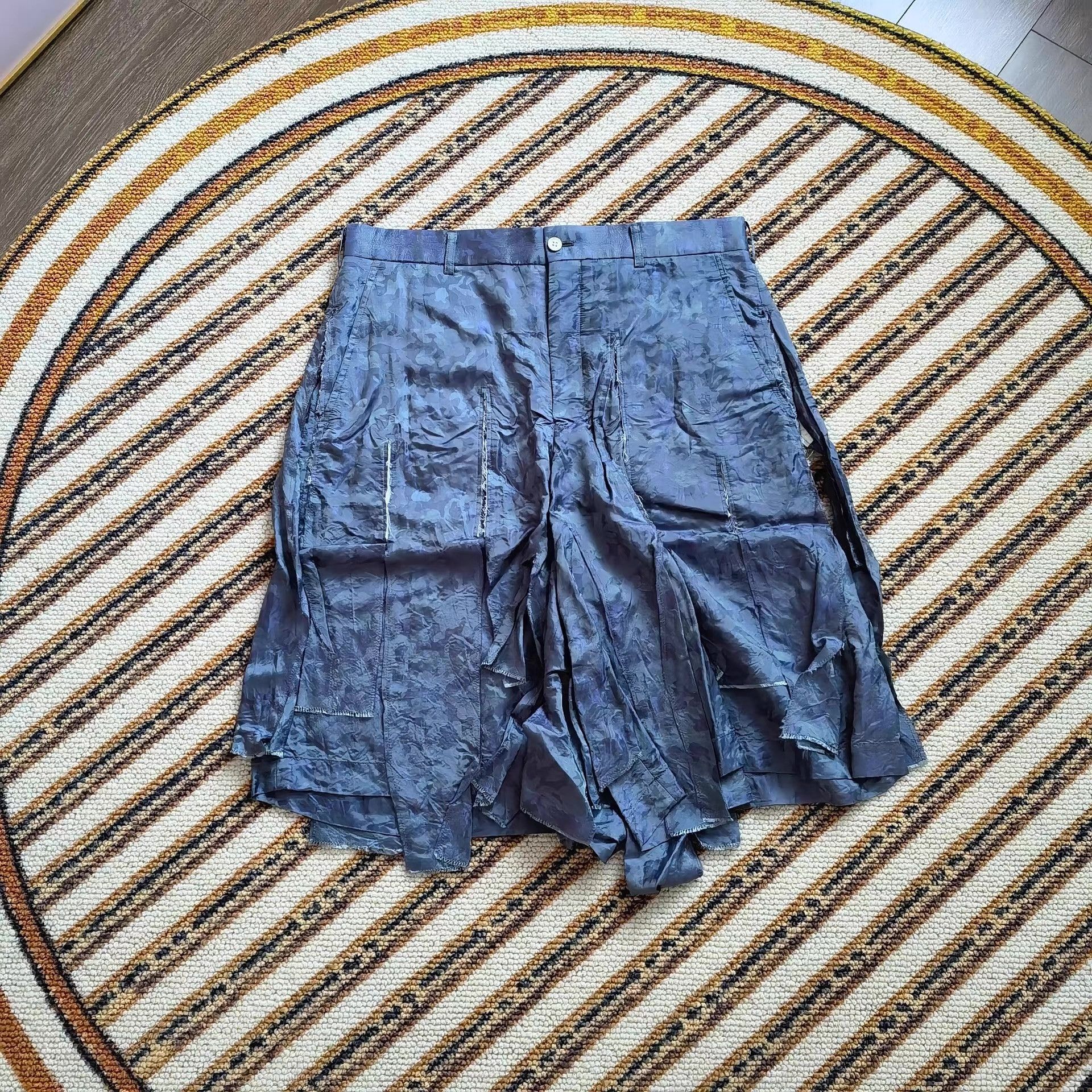 Comme des Garcons Homme Plus Blue Patterned Shorts with Asymmetrical Design Size US 27 - 1 Thumbnail