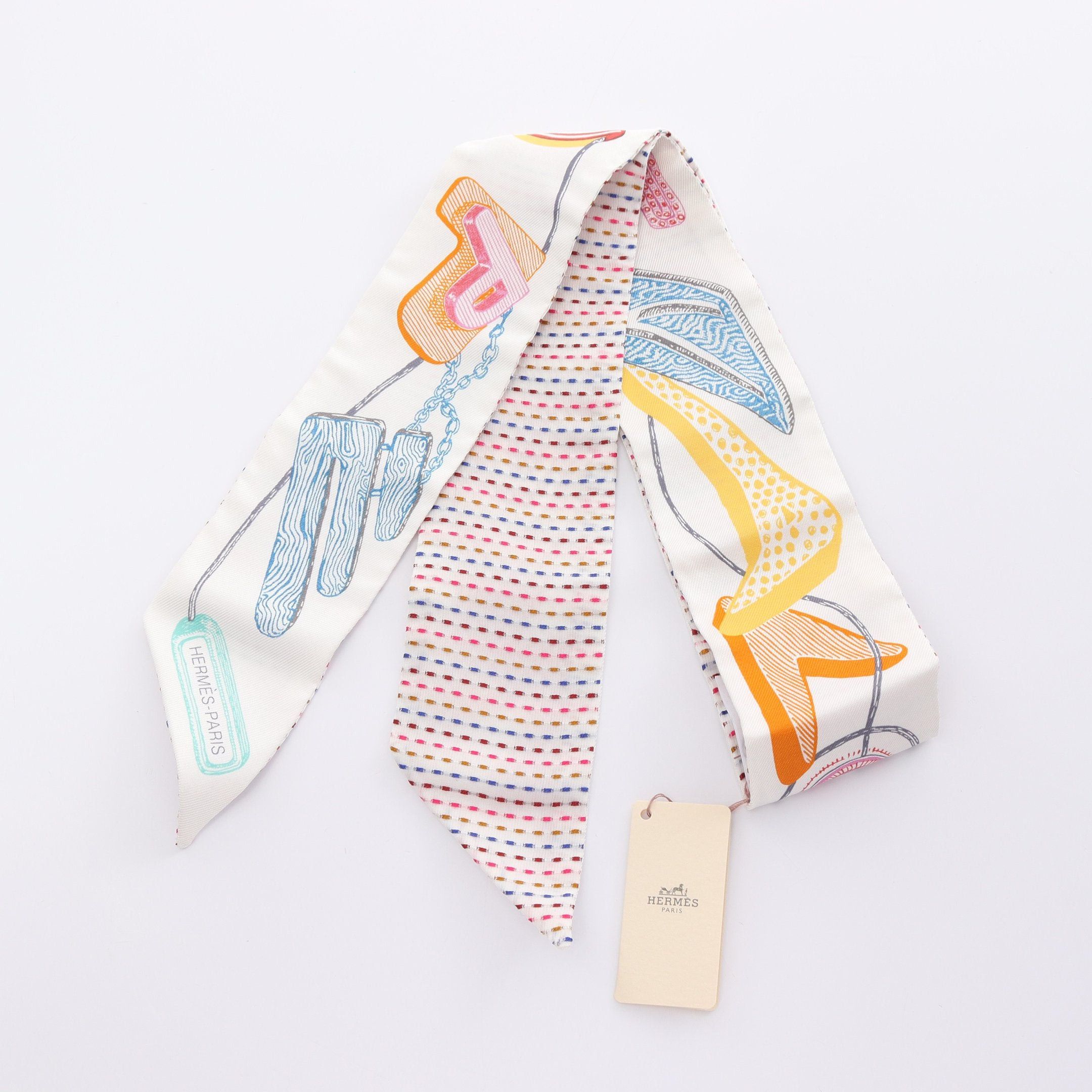 Hermes Hermes Twilly Chevaloscope Neon Ribbon Scarf Silk White Multicolor Size ONE SIZE - 1 Thumbnail
