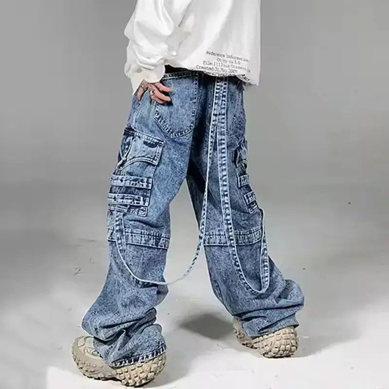 Japanese Brand Heavy washed street style long strap wide leg jeans Size US 32 / EU 48 - 1 Thumbnail