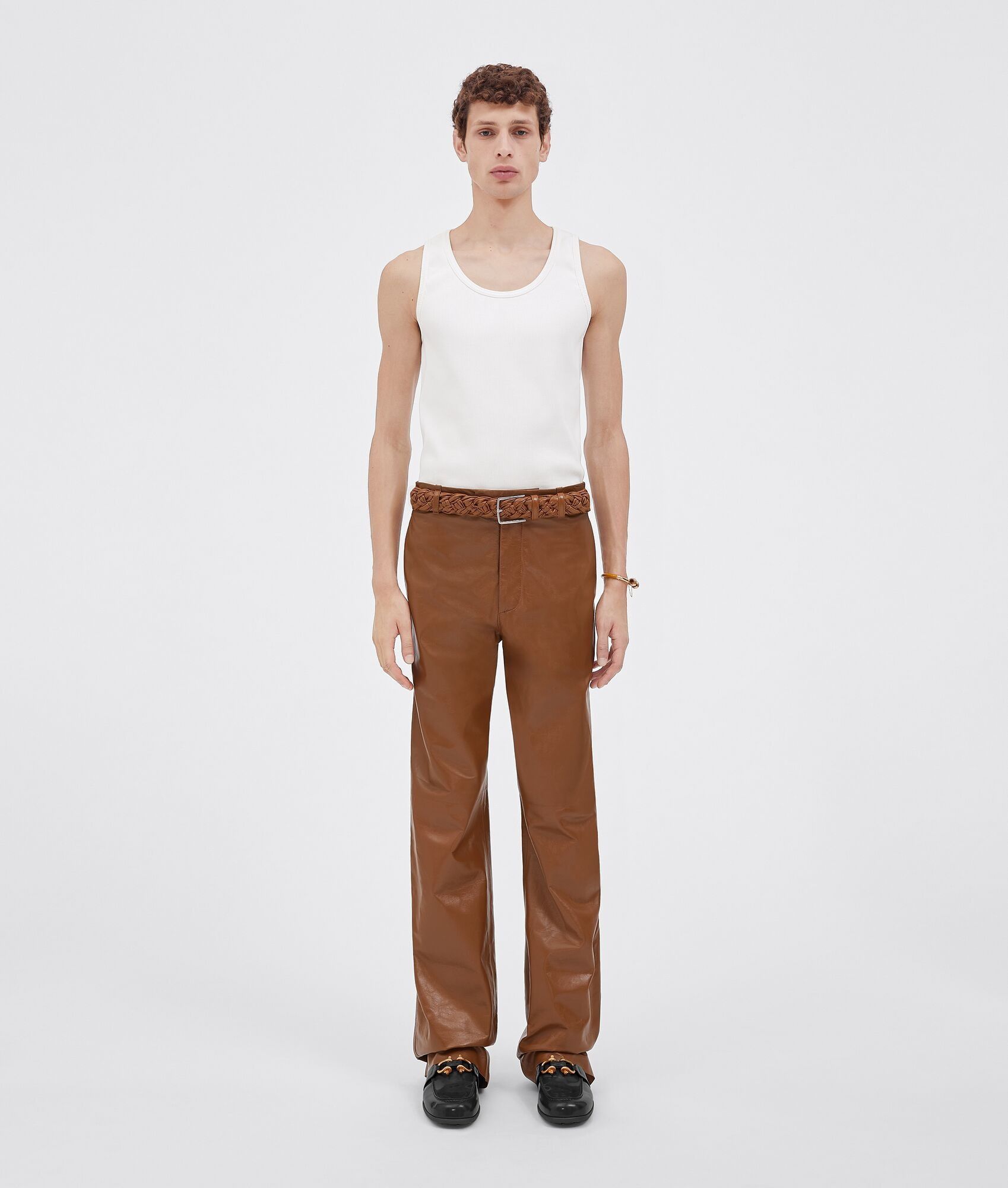 o1bcso1str0225 Straight Leg Shiny Leather Trousers in Brown