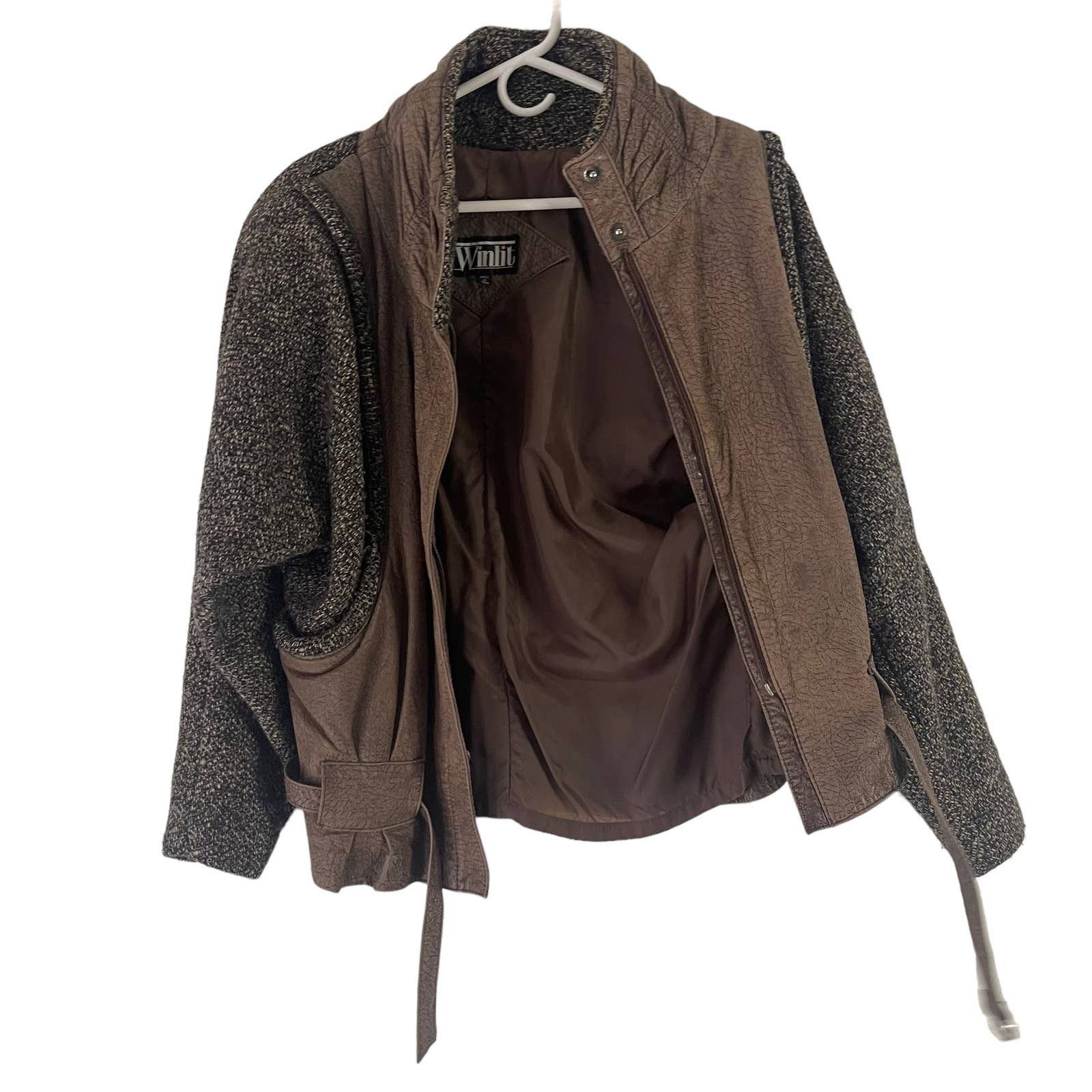 image of Winlit Women's Small Wool Leather Brown Bomber Moto Jacket