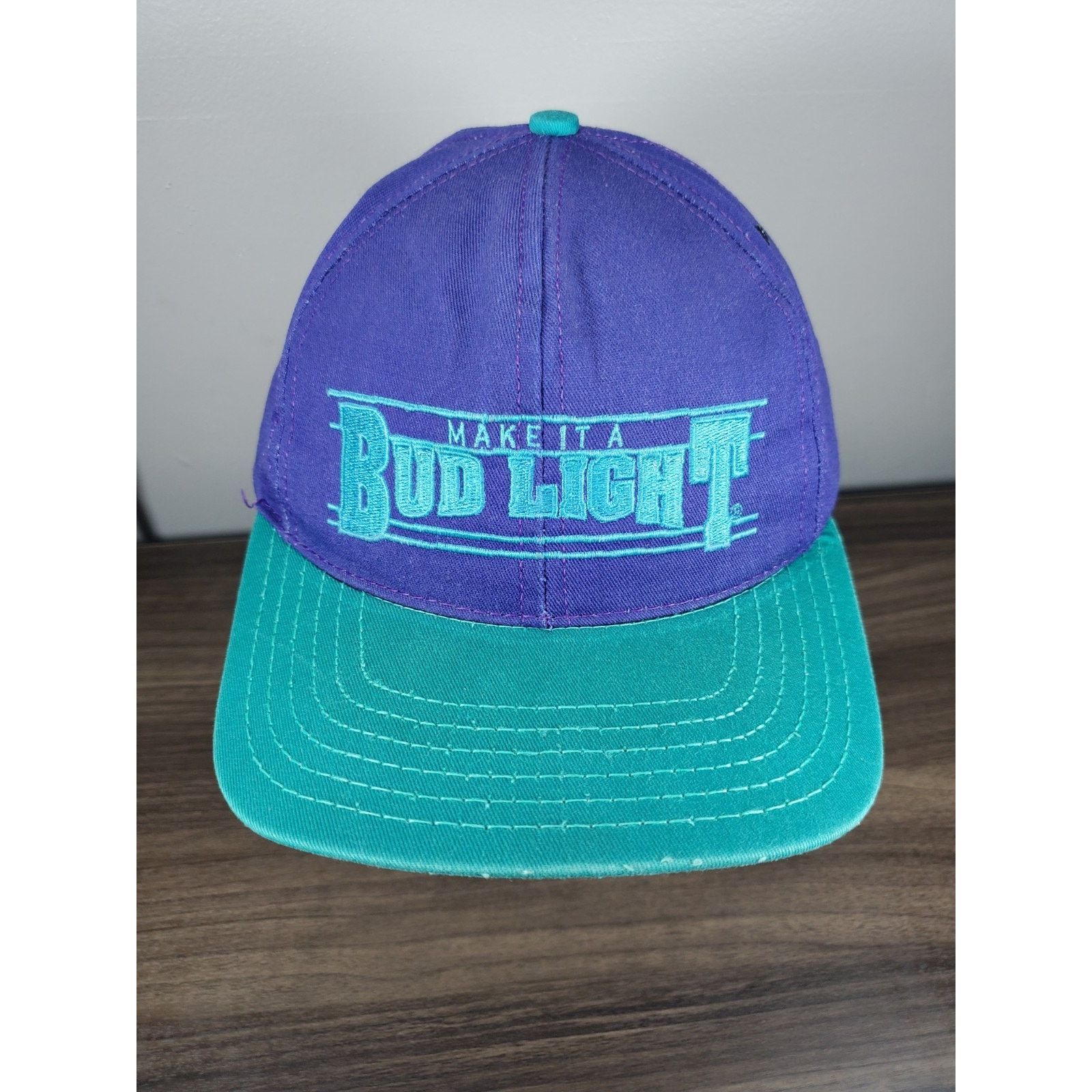Budweiser × Vintage Make It A Bud Light Snapback Hat Cap Purple Teal USA Beer Ad Size ONE SIZE - 3 Thumbnail