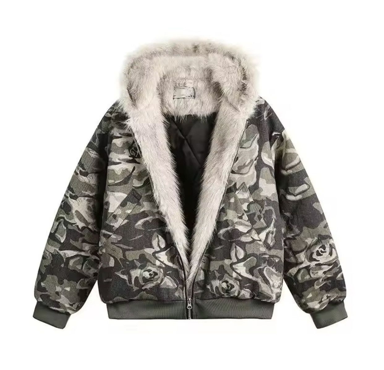 Camouflage Fur Collar Padded Jacket Men Y2K Vintage
