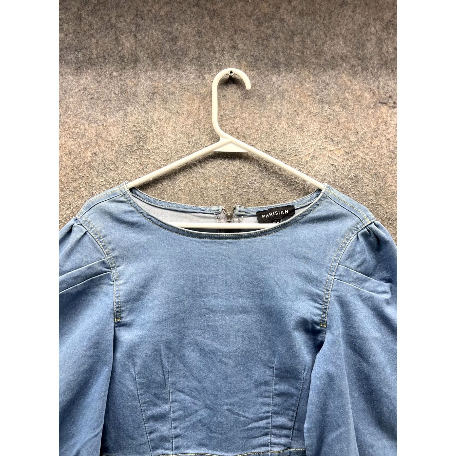 Vintage Parisian Dress Womens 12 Blue Denim Puff Sleeve Bodycon Mini Short Stretch Dress Size 34" / US 12 / IT 48 - 7 Thumbnail