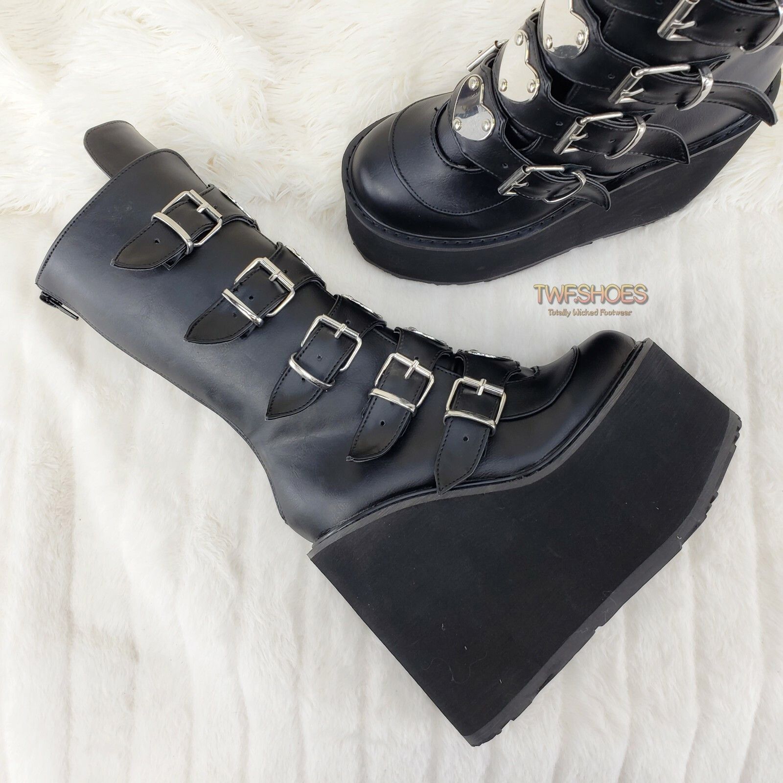Demonia Cult DEMONIA Swing 230 Black Mid Calf Boot 5.5" Platform Heart St Size US 6 / IT 36 - 4 Thumbnail