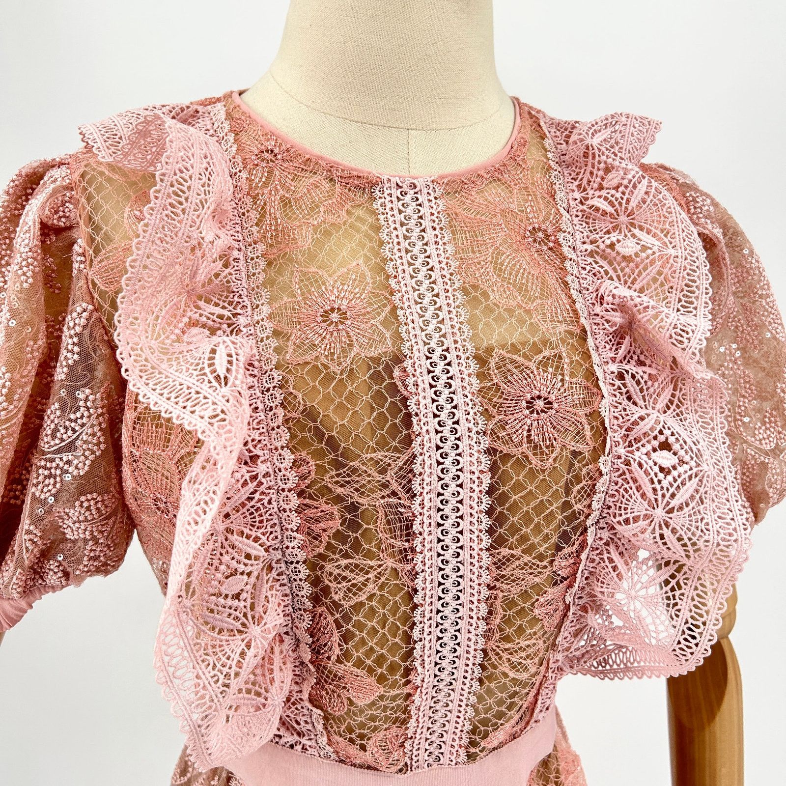 Self-Portrait Blush Pink Sequin Floral Lace Puff Sleeve Mini Dress Size M / US 6-8 / IT 42-44 - 2 Thumbnail