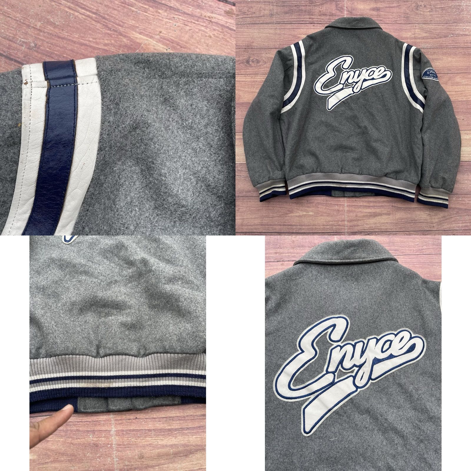 Enyce VINTAGE Y2K Enyce Gray Wool Varsity Jacket Mens 2XL Leather Hits Letterman Parka, 90s Hip Hop Style Varsity Jacket Mens Size US XXL / EU 58 / 5 - 9 Thumbnail