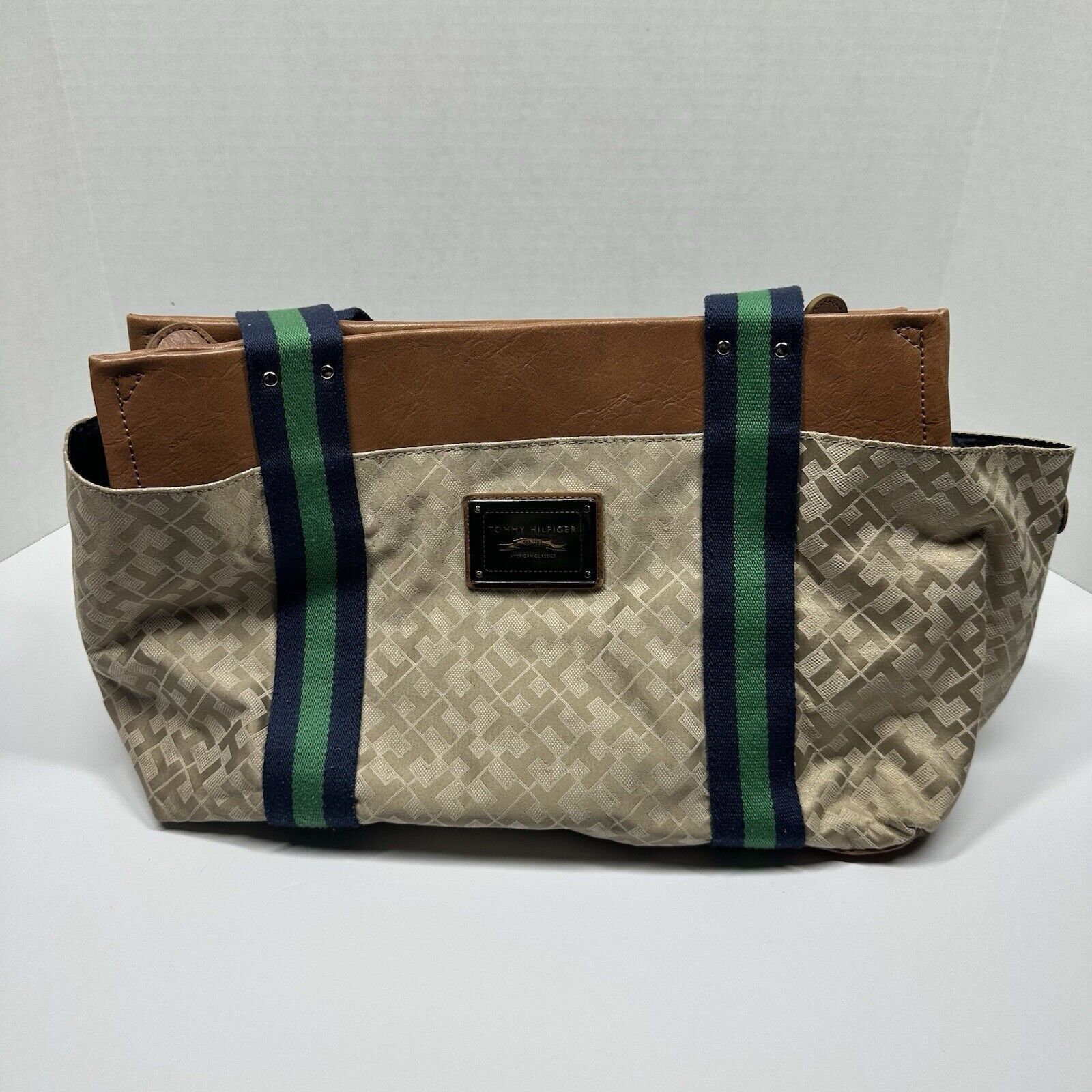 Tommy Hilfiger Tommy Hilfiger Beige with Green Navy Stripe Handbag Size ONE SIZE - 10 Thumbnail