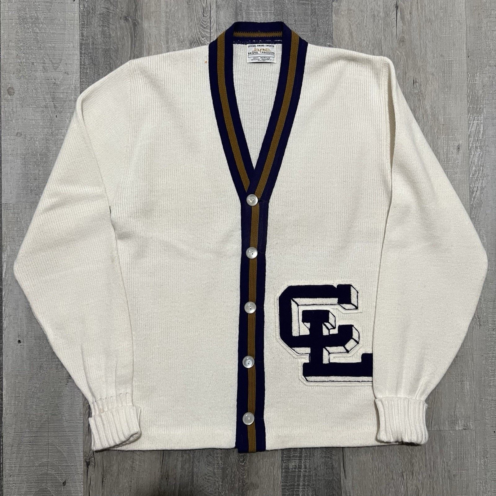 Bristol Studios VTG 70s Bristol Products Varsity Knit Sweater White Cardigan Size US L / EU 52-54 / 3 - 1 Thumbnail