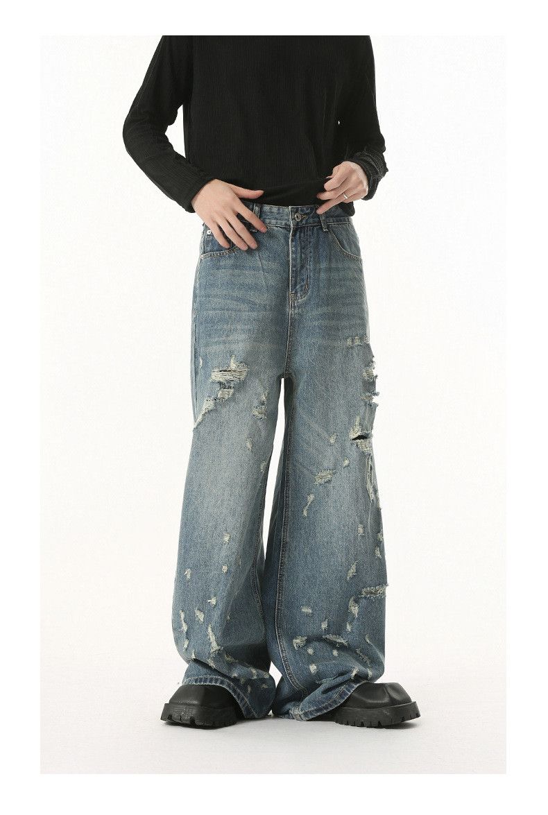 Vintage Men's irregular ripped street straight leg distressed jeans Size US 32 / EU 48 - 3 Thumbnail