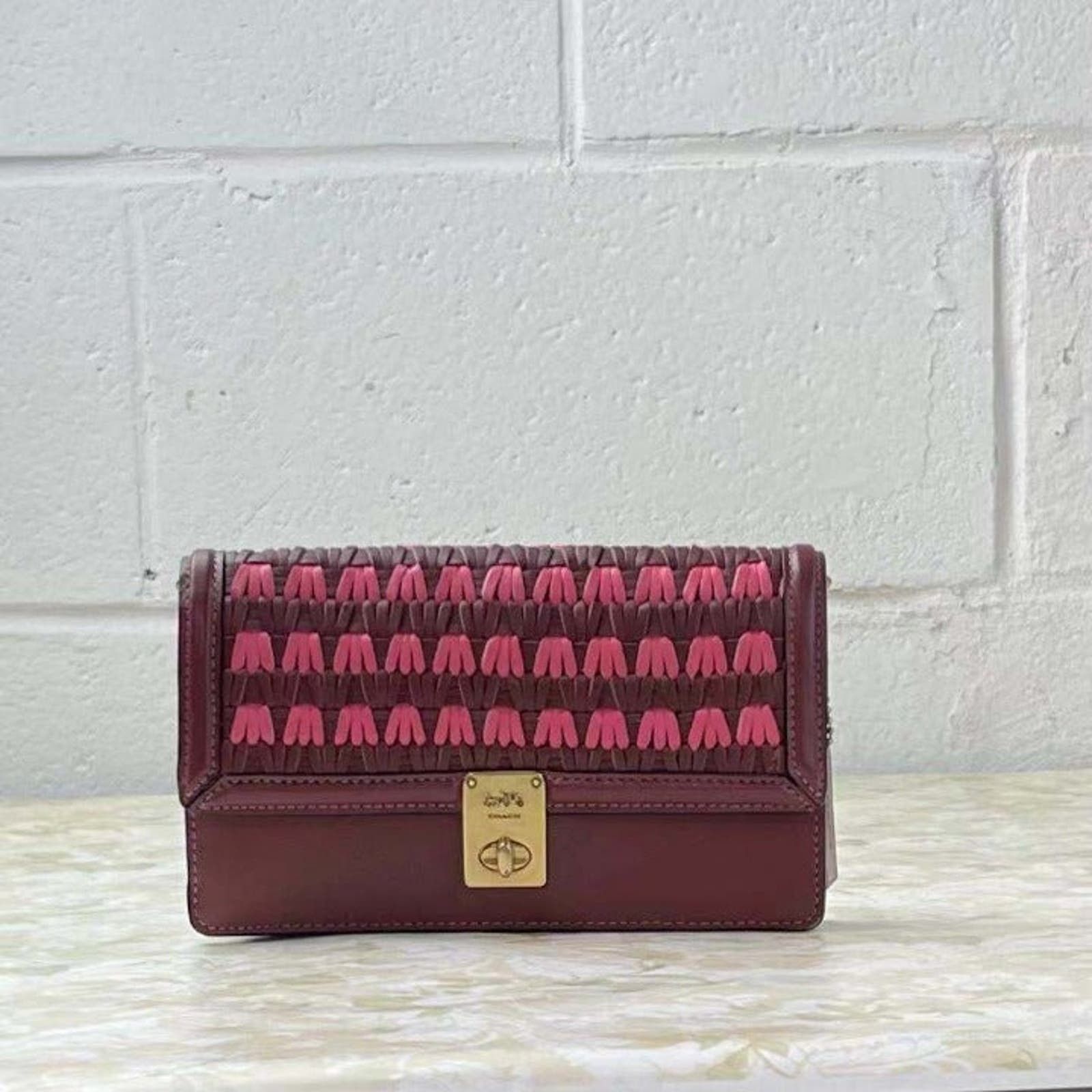 image of Coach 3652 Hutton Clutch With Weaving Confetti Pink Multi in Red, Women's