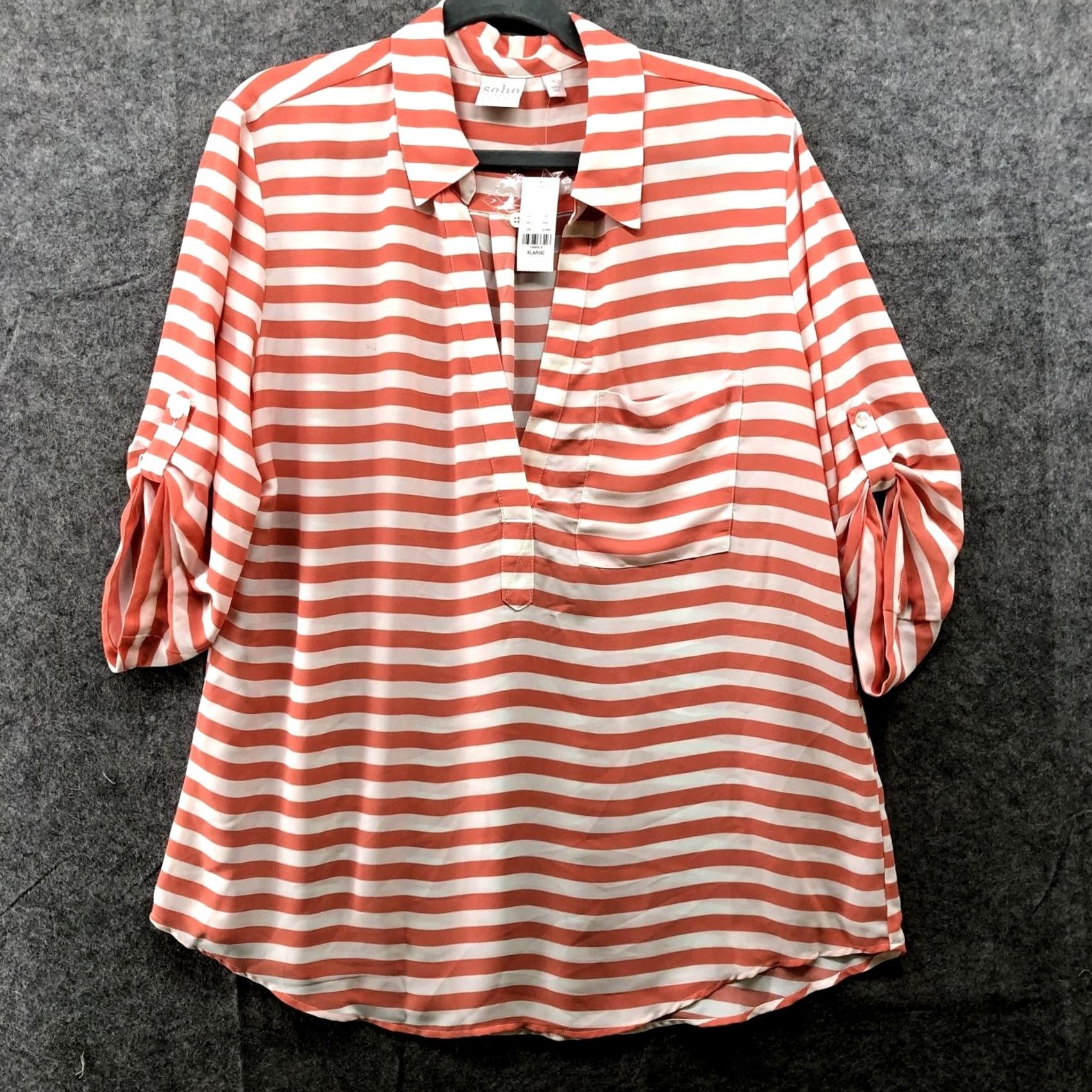 Pinko NWT Soho Jeans Chiffon Blouse Pink Peach White Stripe Womens XL Popover Roll Tab Shirt Blouse Shirt Size XL / US 12-14 / IT 48-50 - 2 Thumbnail