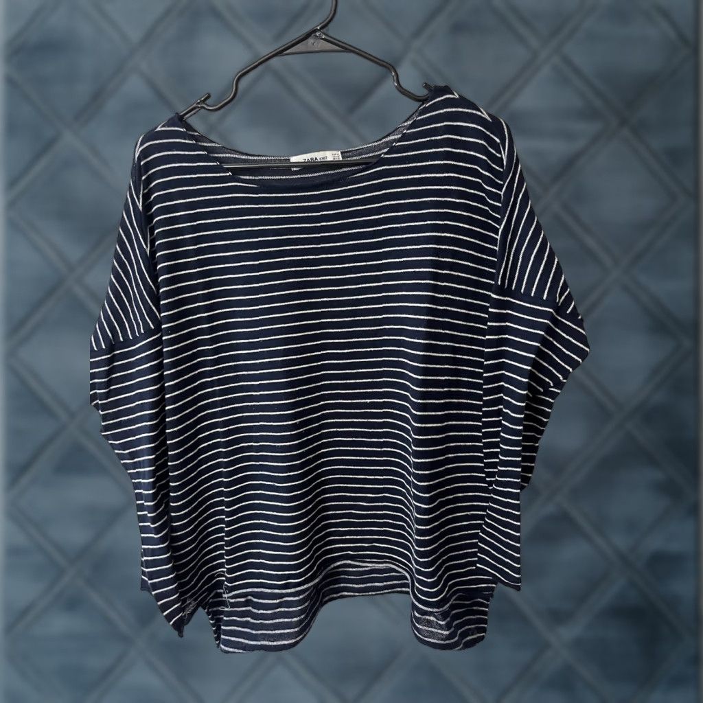 Zara VINTAGE Zara Knit Sweater Shirt Women M Navy White Striped Crew Neck 3/4 Sleeve Pullover All Seasons Size M / US 6-8 / IT 42-44 - 1 Thumbnail