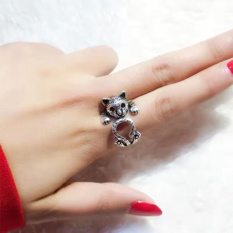 Japanese Brand Silver Color Red Zircon Cat Open Ring Size ONE SIZE - 1 Thumbnail