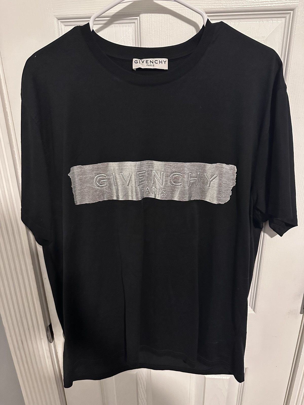 image of Givenchy Silver Logo-Panel Cotton-Jersey T-Shirt - Black, Men's (Size Medium)