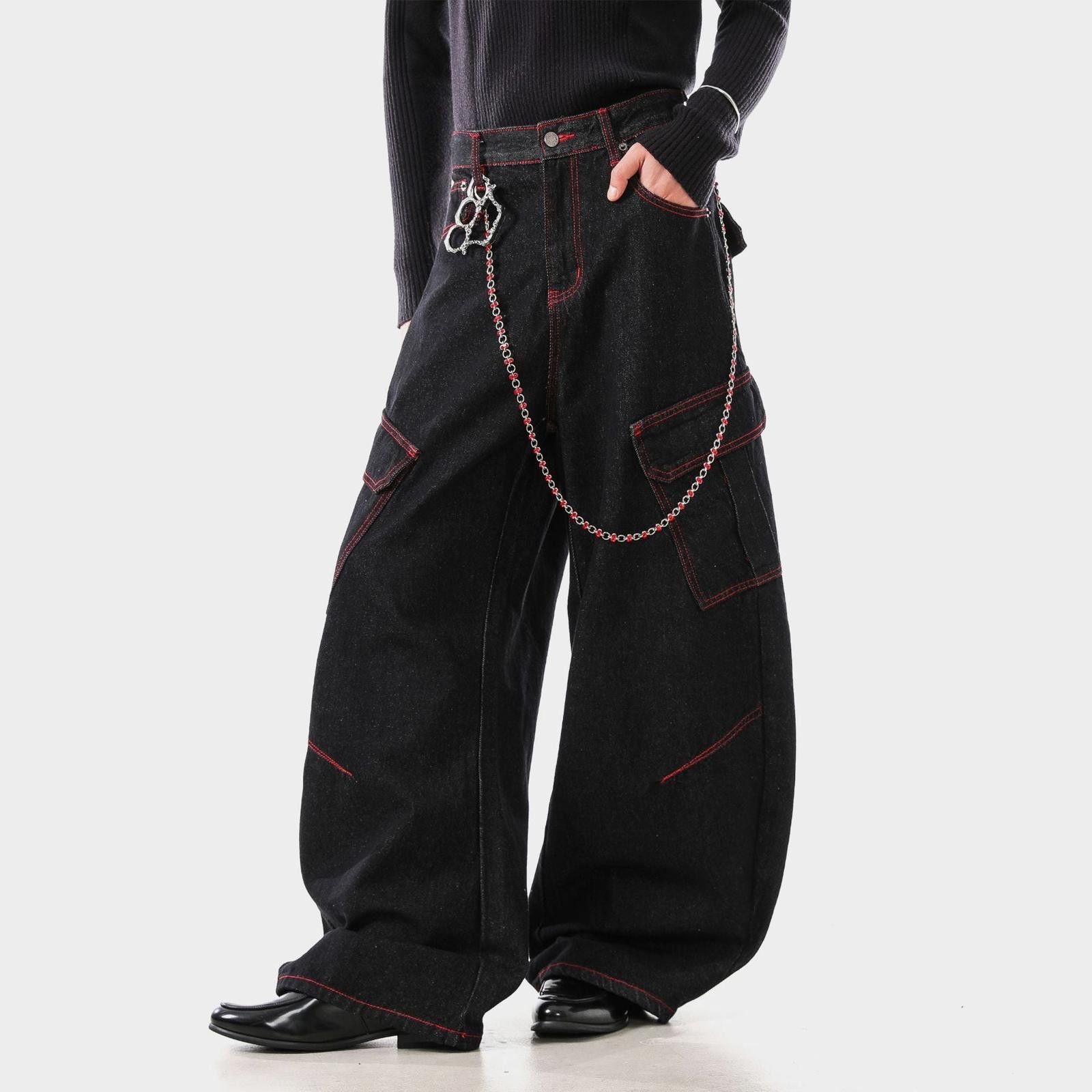 Vintage Black Wide Leg Cargo Pants with Chain Detail Size US 32 / EU 48 - 3 Thumbnail