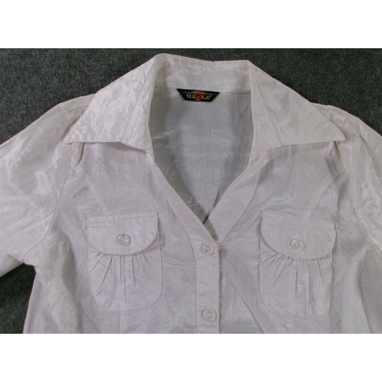 Vintage UZSA White Shiny Button-Up Blouse Women S Fitted Classic Cotton Blend Size S / US 4 / IT 40 - 2 Thumbnail