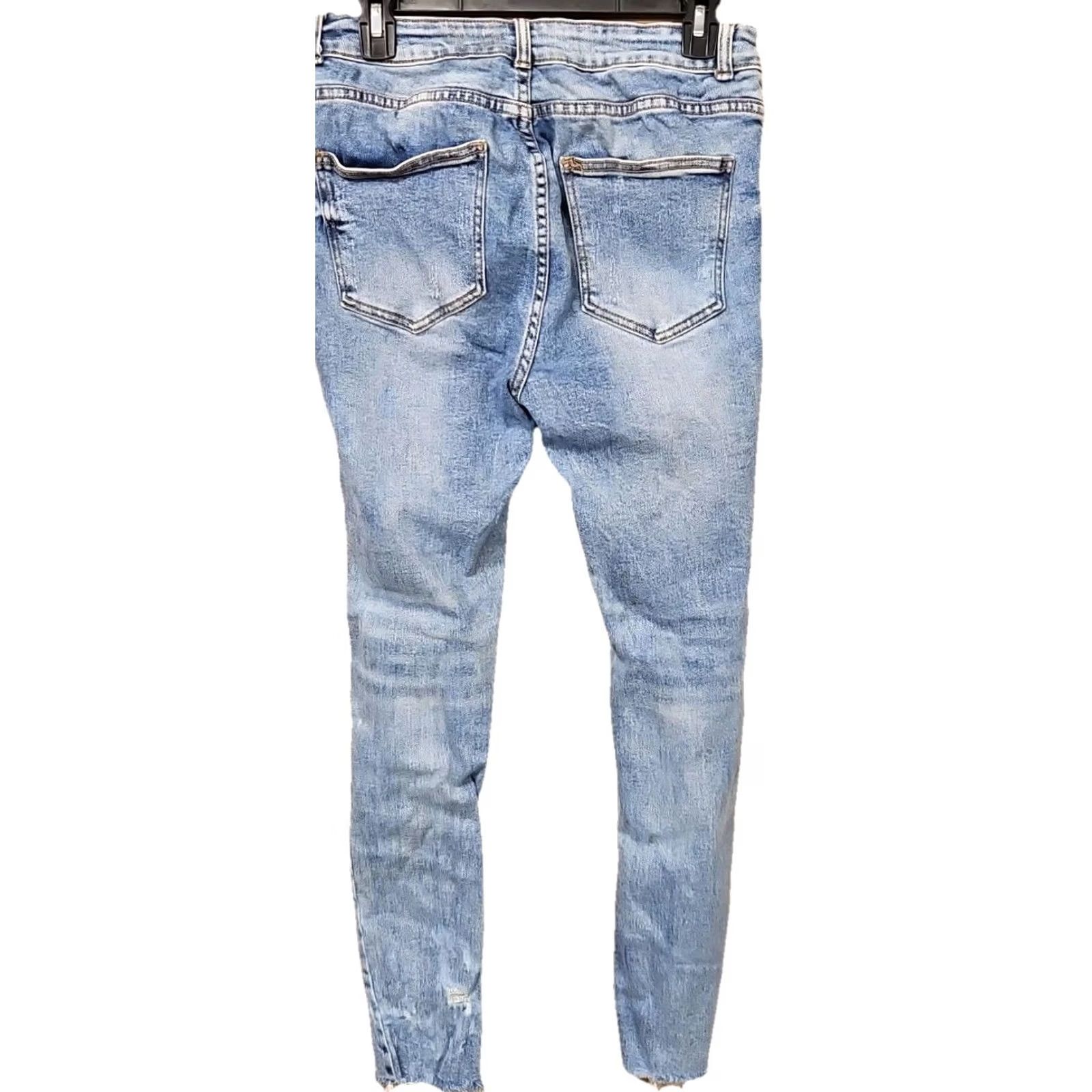 Vintage Crystal Rock Skinny Jeans Juniors 13 Women Denim Blue Light Wash Distressed Raw Hem Stretch Mid Rise Regular Inseam 26 in Button Zip 26W Size 34" / US 12 / IT 48 - 4 Thumbnail