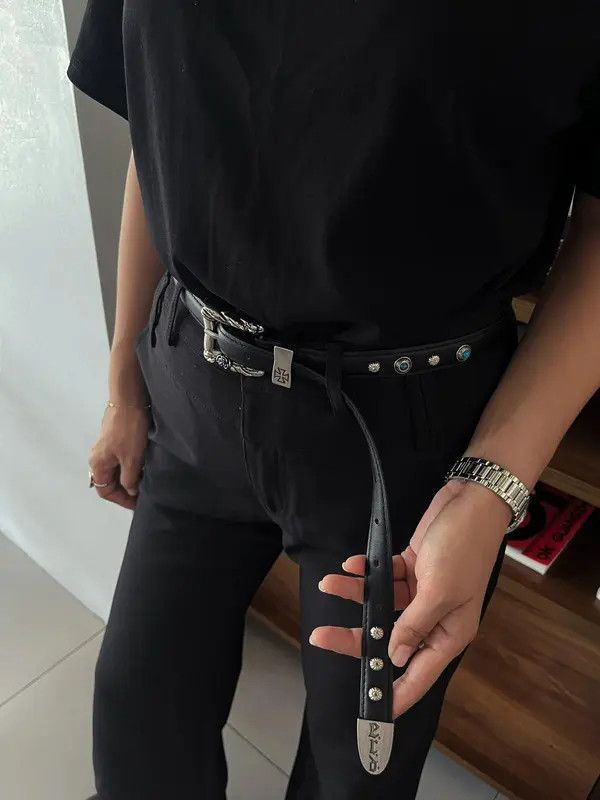 Leather Black Leather Belt with Silver Buckle and Turquoise Accents Size ONE SIZE - 8 Thumbnail