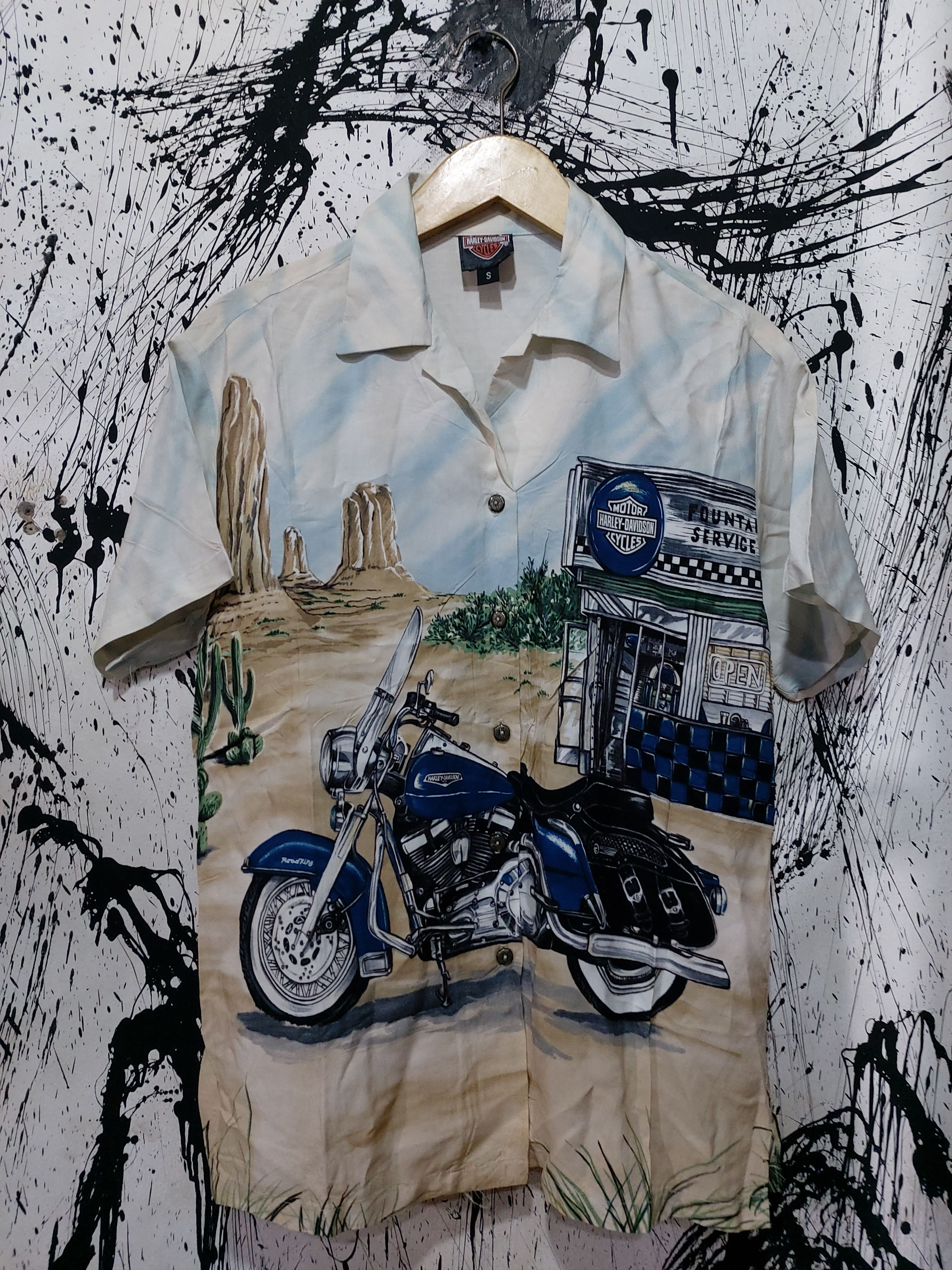 Vintage HARLEY DAVIDSON MOTOR CYCLE ALL OVER PRINT OPEN COLAR Size US M / EU 48-50 / 2 - 1 Thumbnail