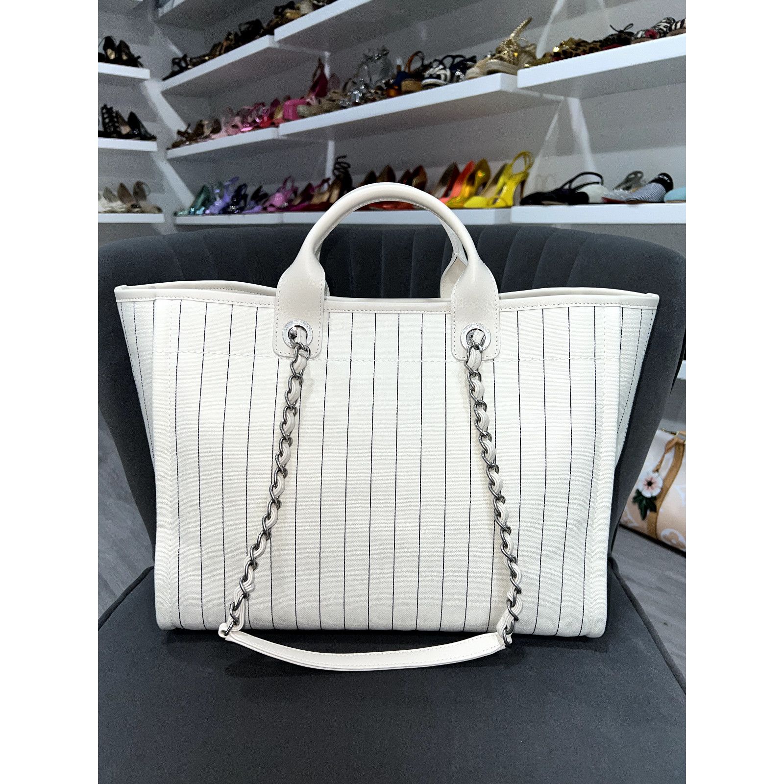 Chanel Chanel Deauville Ecru Stripe Large Shopping 30cm Tote Bag Size ONE SIZE - 6 Thumbnail
