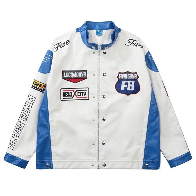 image of Vintage Colored Pu Leather Jacket Y2K Streetwear in Blue White, Men's (Size XL)