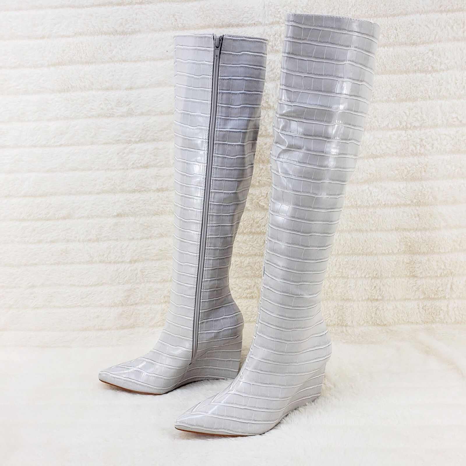 Other Ice White / Grey Reptile Texture Knee High Wedge Heel Boots Size US 8 / IT 38 - 5 Thumbnail