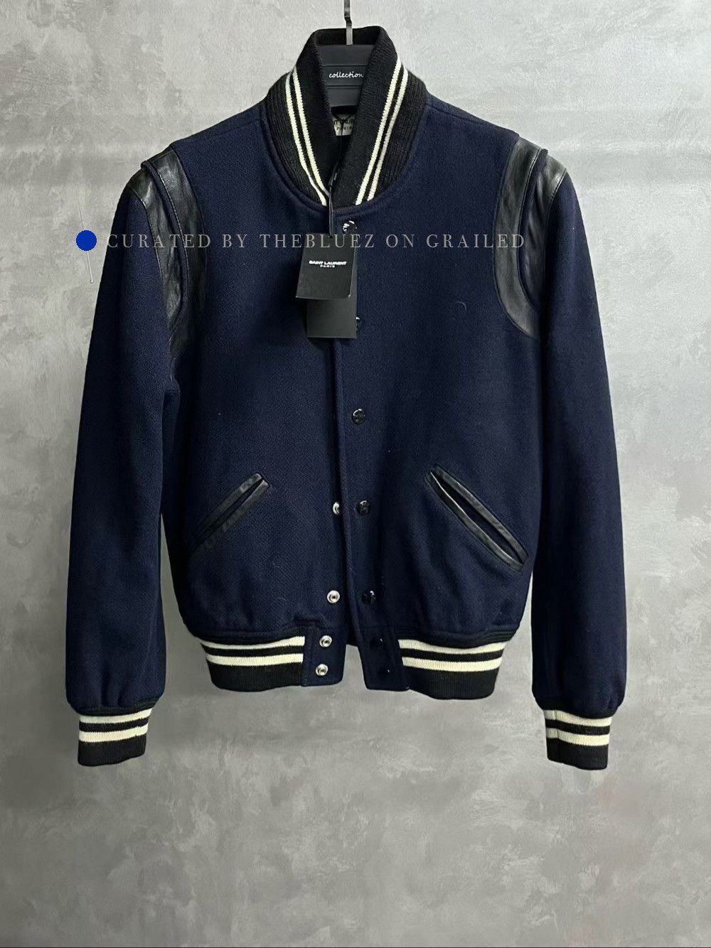 Saint Laurent Paris Leather Trim Varsity Jacket in Blue Size US S / EU 44-46 / 1 - 1 Thumbnail