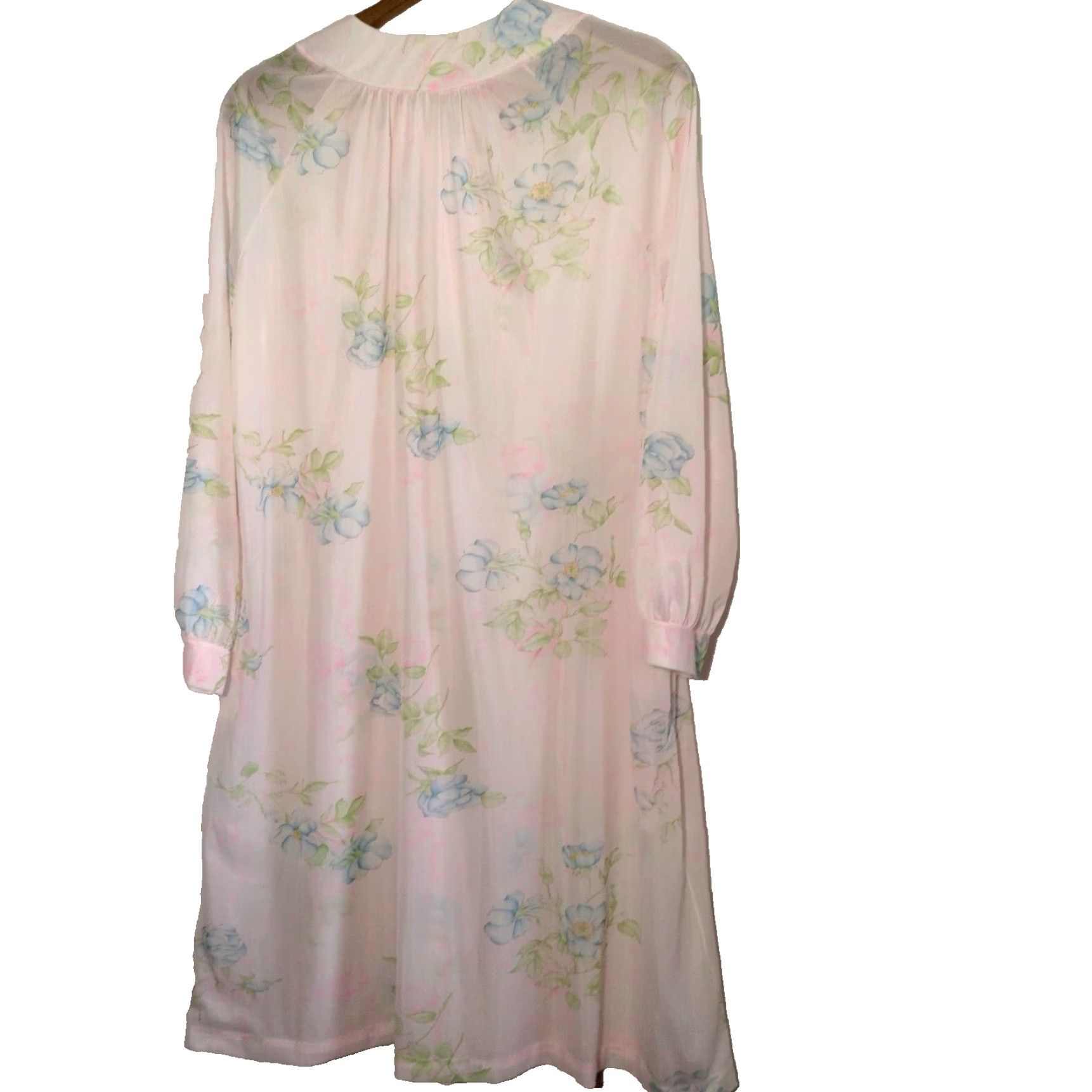 Pinko VINTAGE Pink Floral Nightgown Women's Large Nylon Semi Sheer Button Collar Grannycore 40" Sleepwear Size ONE SIZE - 3 Thumbnail