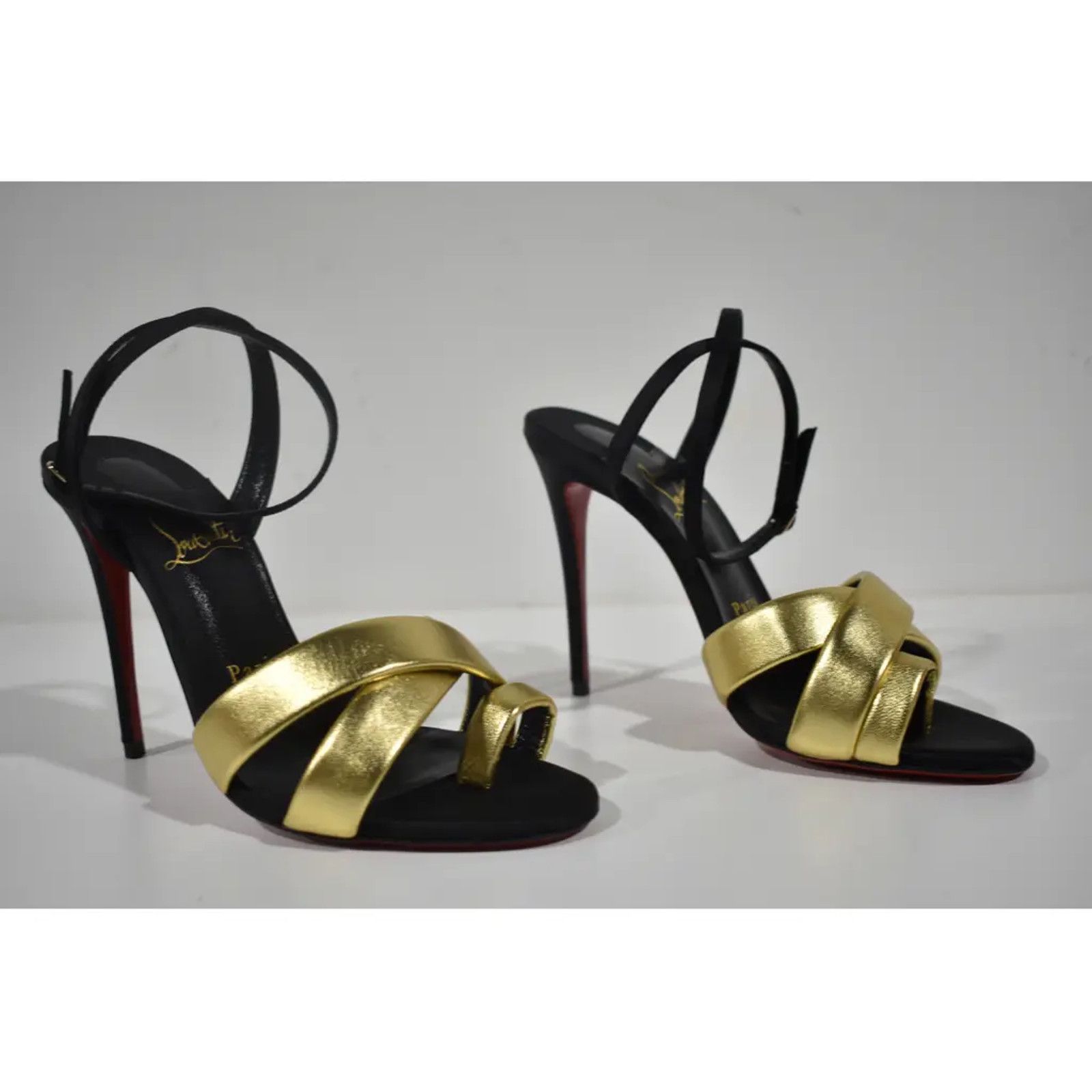 Christian Louboutin Just Me 100 Black Gold Sandal Ankle Strap Open Heel Pump 38 Size US 8 / IT 38 - 3 Thumbnail