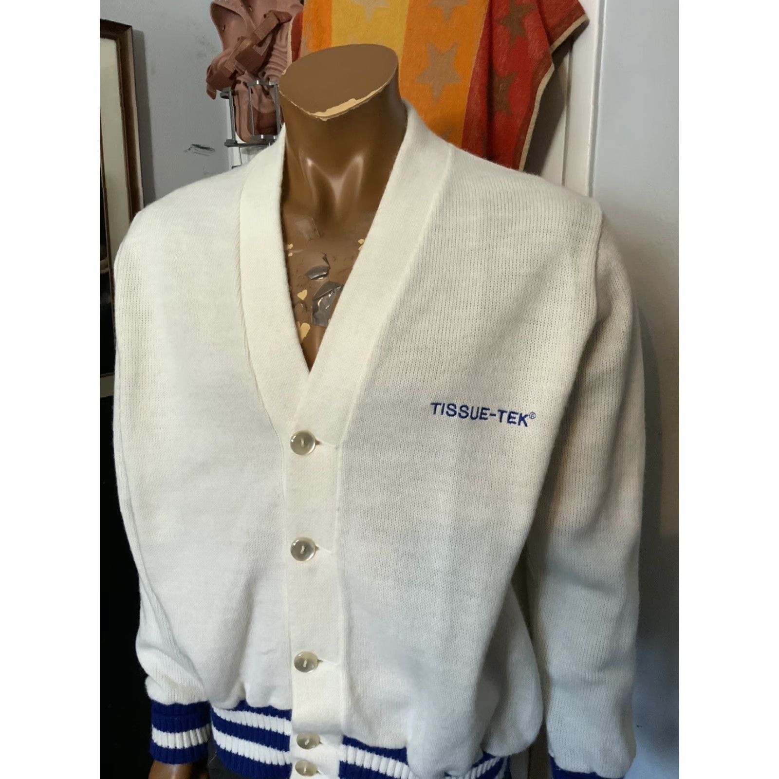 Vintage VINTAGE 70s 80s Tissue-Tek Lab Acrylic Knit Custom Chenille Embroidery Cardigan Sweater XL White/Blue Stripe Dallas Chest 52in Pit to Pit 26in 28in Size US XL / EU 56 / 4 - 8 Thumbnail