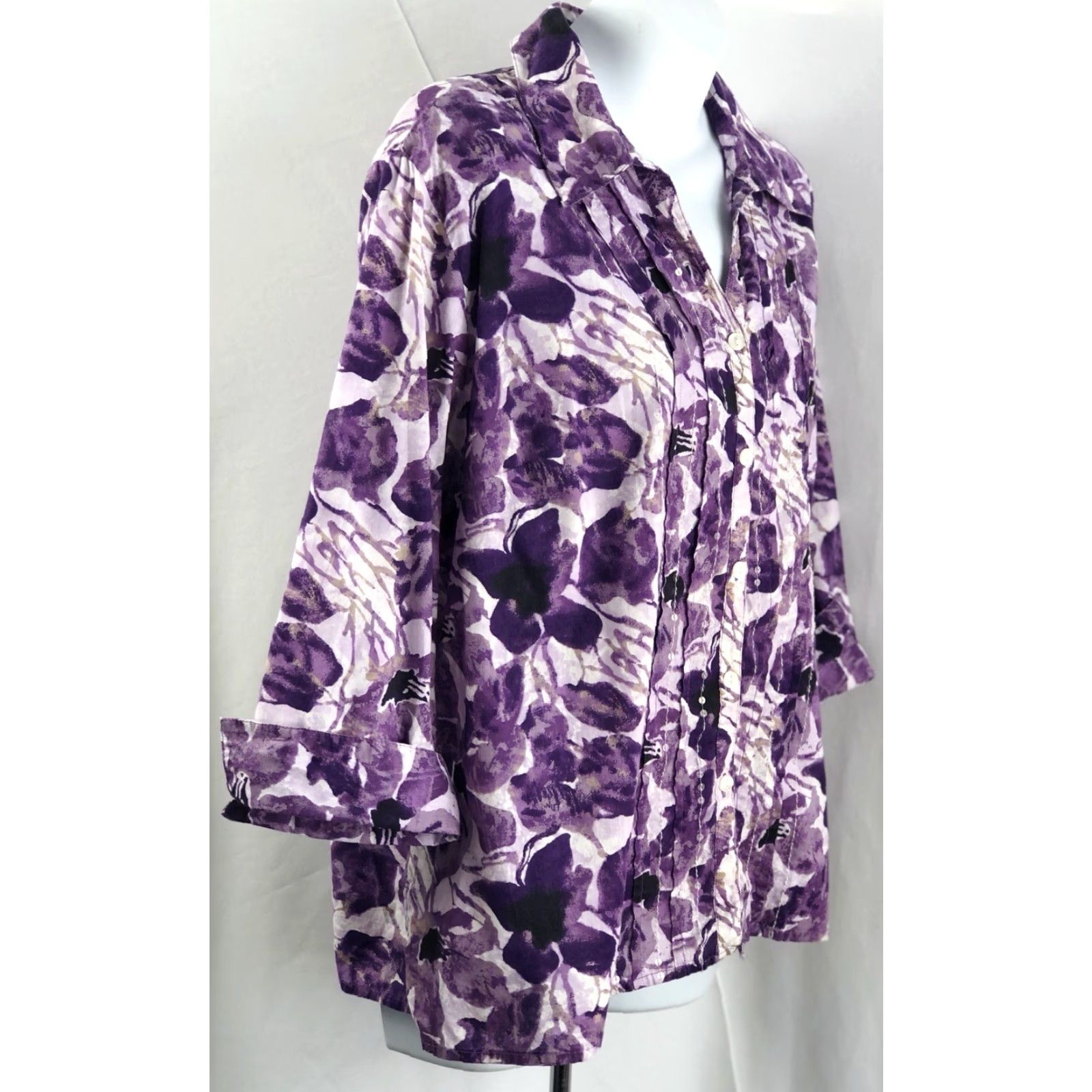 JM Collection JM Collection Blouse Shirt 12P Purple Floral Button Up 3/4 Sleeve Boho Career Womens Size XL / US 12-14 / IT 48-50 - 2 Thumbnail