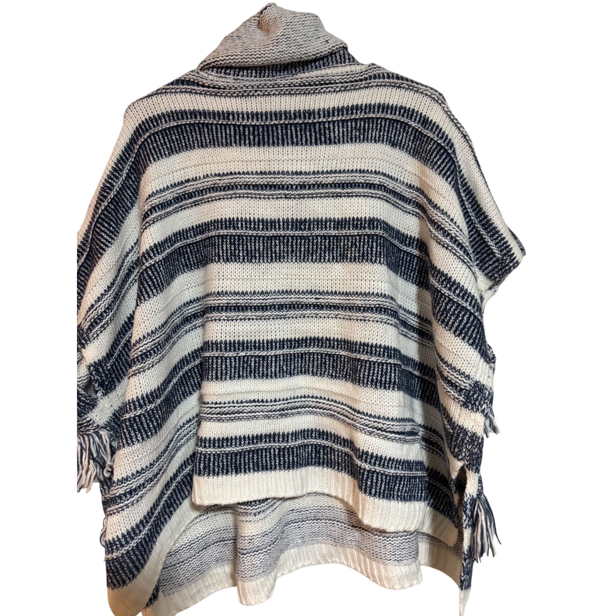 Other Striped Fringe Women Cowl Neck Poncho Navy Cream OS Cottagec Size ONE SIZE - 3 Thumbnail