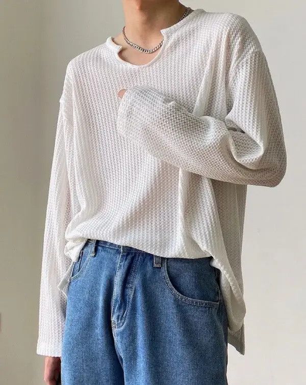 Japanese Brand Korean fashion white U neck long sleeve waffle top Size US M / EU 48-50 / 2 - 5 Thumbnail