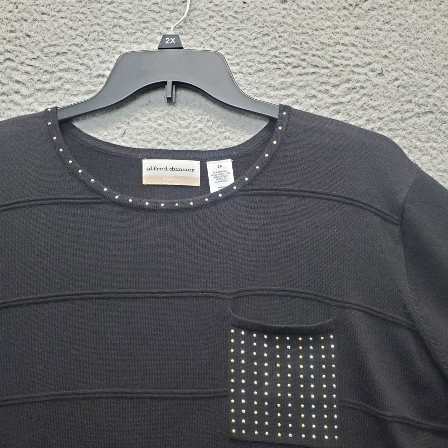 Vintage Alfred Dunner Knit Top Womens 2X Black Embellished Pocket Short Sleeve Crew Neck Shirt Womens Size 2X Black Beaded Pockets Casual Loose Womens Size XXL / US 16-18 / IT 52-54 - 5 Thumbnail