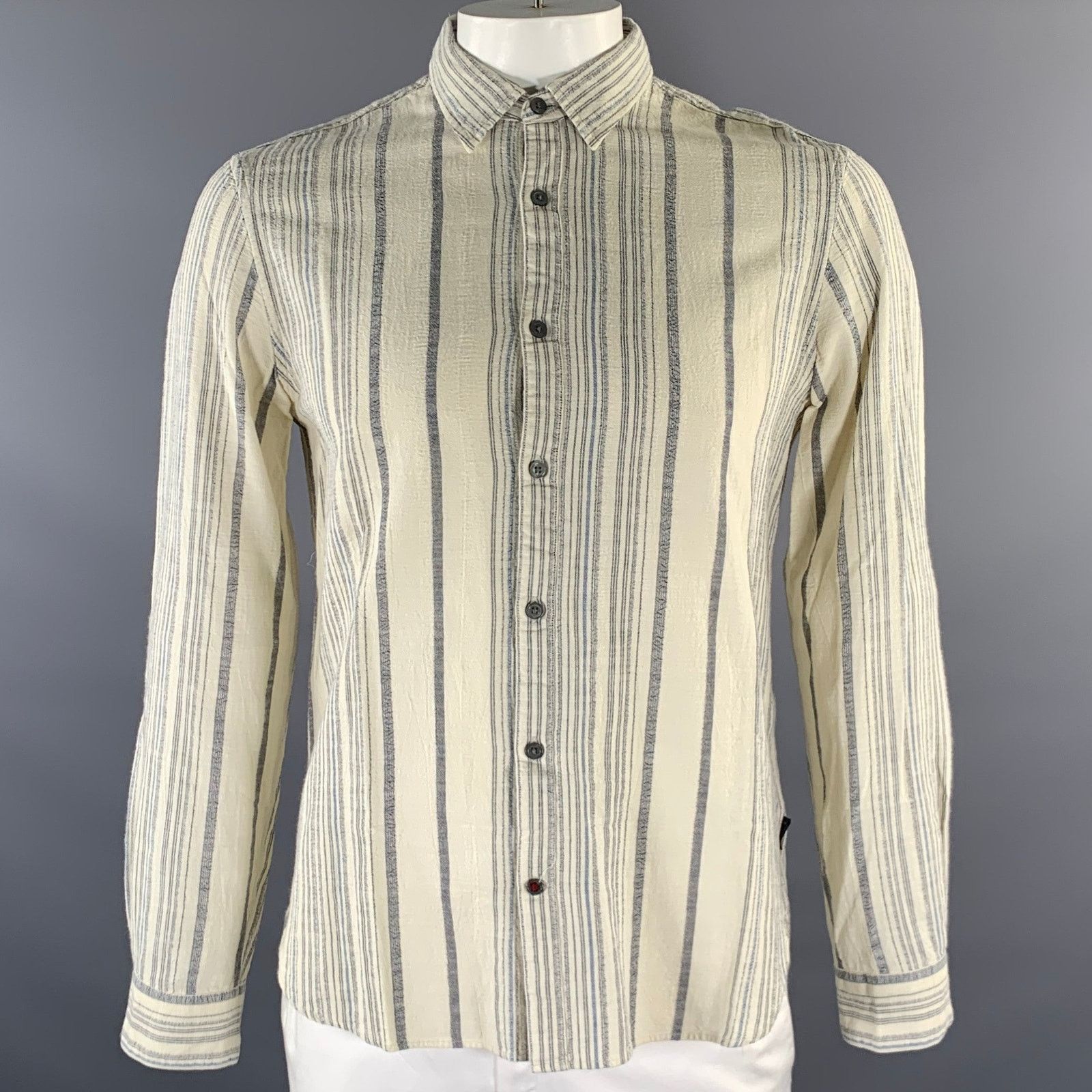 John Varvatos JOHN VARVATOS U.S.A. L Cream Blue Stripe Cotton L/S Shirt Size US L / EU 52-54 / 3 - 1 Thumbnail