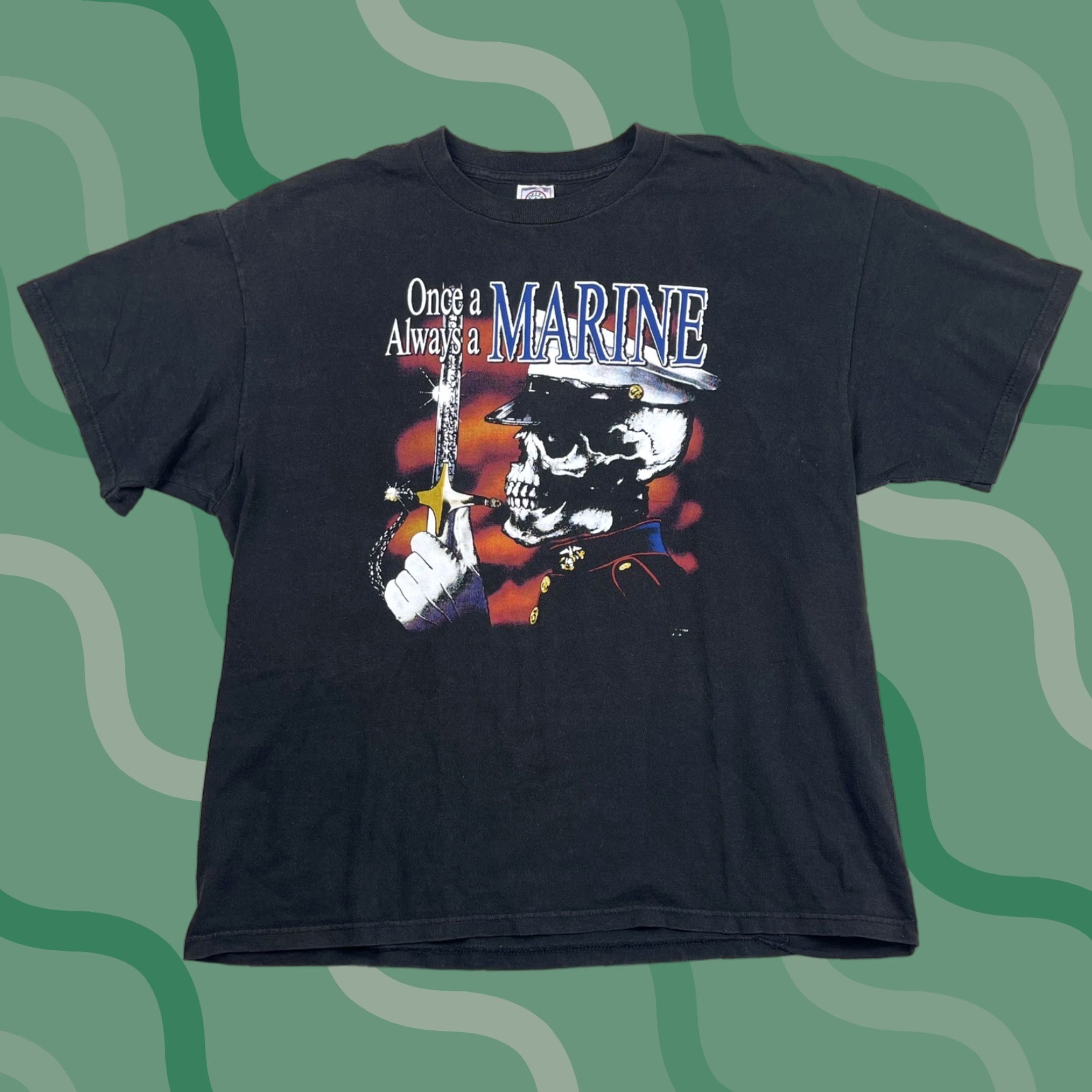 Vintage VINTAGE 3D Emblem T-Shirt XL Black Once A Marine Always a Marine Military Skull Sword Mens Size US XL / EU 56 / 4 - 1 Thumbnail