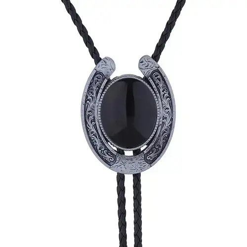 Other Western Horseshoe Black Agate Leather Rope bolo tie Size ONE SIZE - 4 Thumbnail