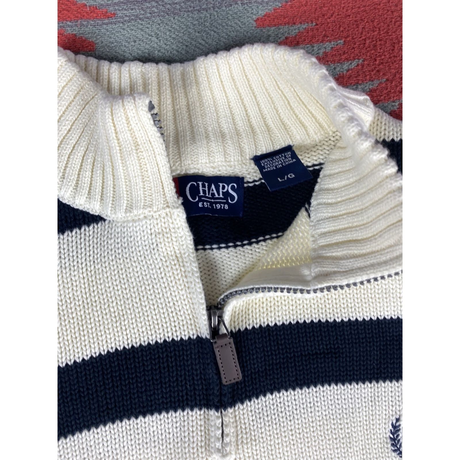 Chaps Chaps Ralph Lauren Sweater 1/4 Zip Knit Mens Striped Blue White L Men Size US L / EU 52-54 / 3 - 4 Thumbnail