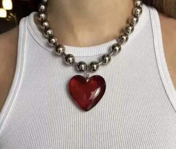 Big Red Heart Chain Goth Punk Jewelry Pop Electro Necklace in Silver, Women's