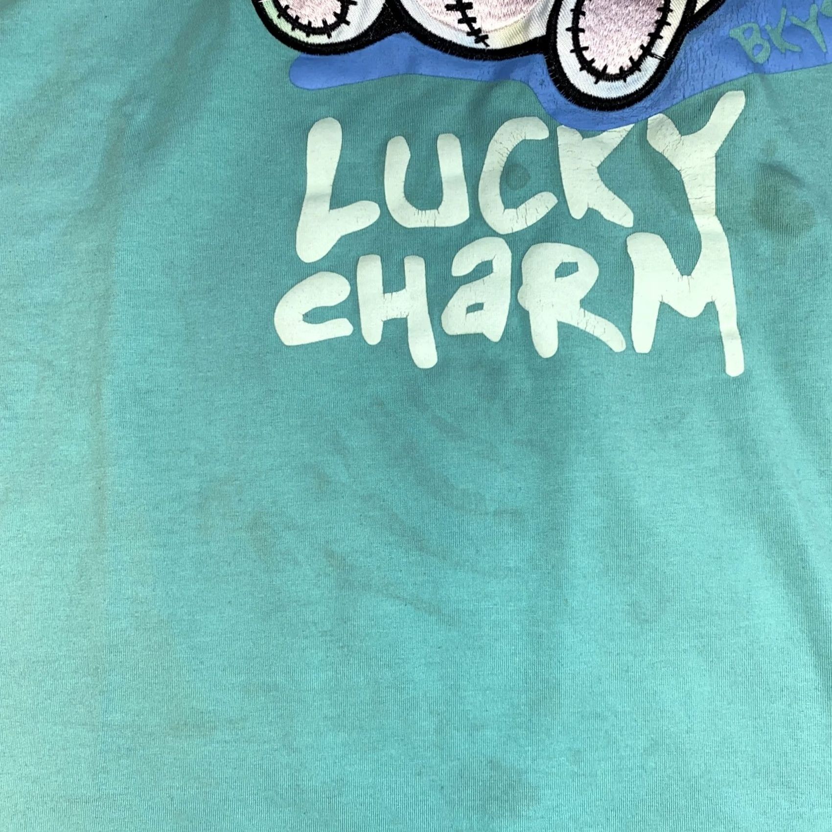 Vintage Lucky Charm Men's Short Sleeve Crew Neck T-Shirt Embroidered Bunny Teal Yellow BKYS Charms Animals 90s Style Size US 33 - 2 Thumbnail
