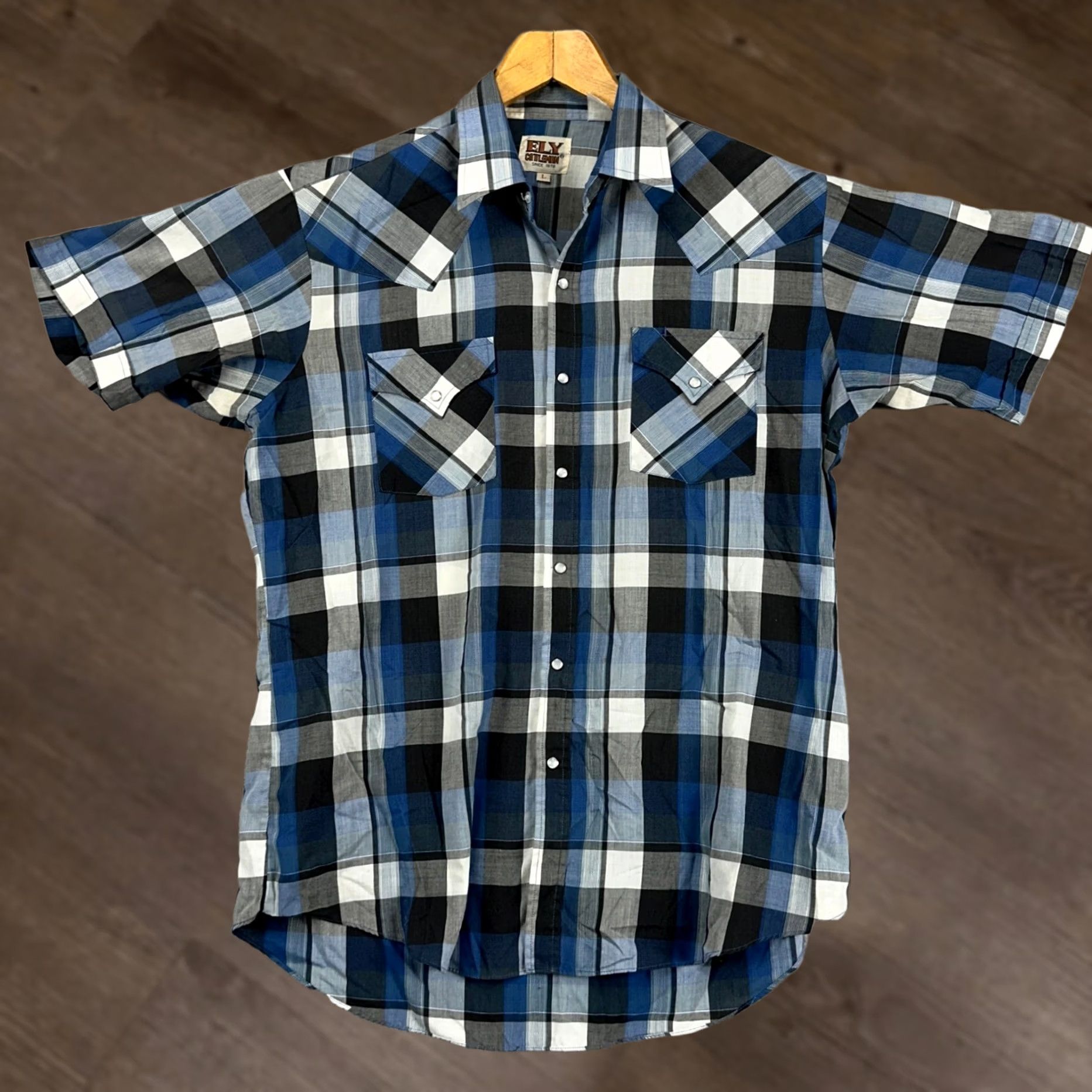 Vintage Ely Cattleman Adult Men Large Blue Grey Plaid Western Shirt Pearl Snap Button Up Size US L / EU 52-54 / 3 - 1 Thumbnail