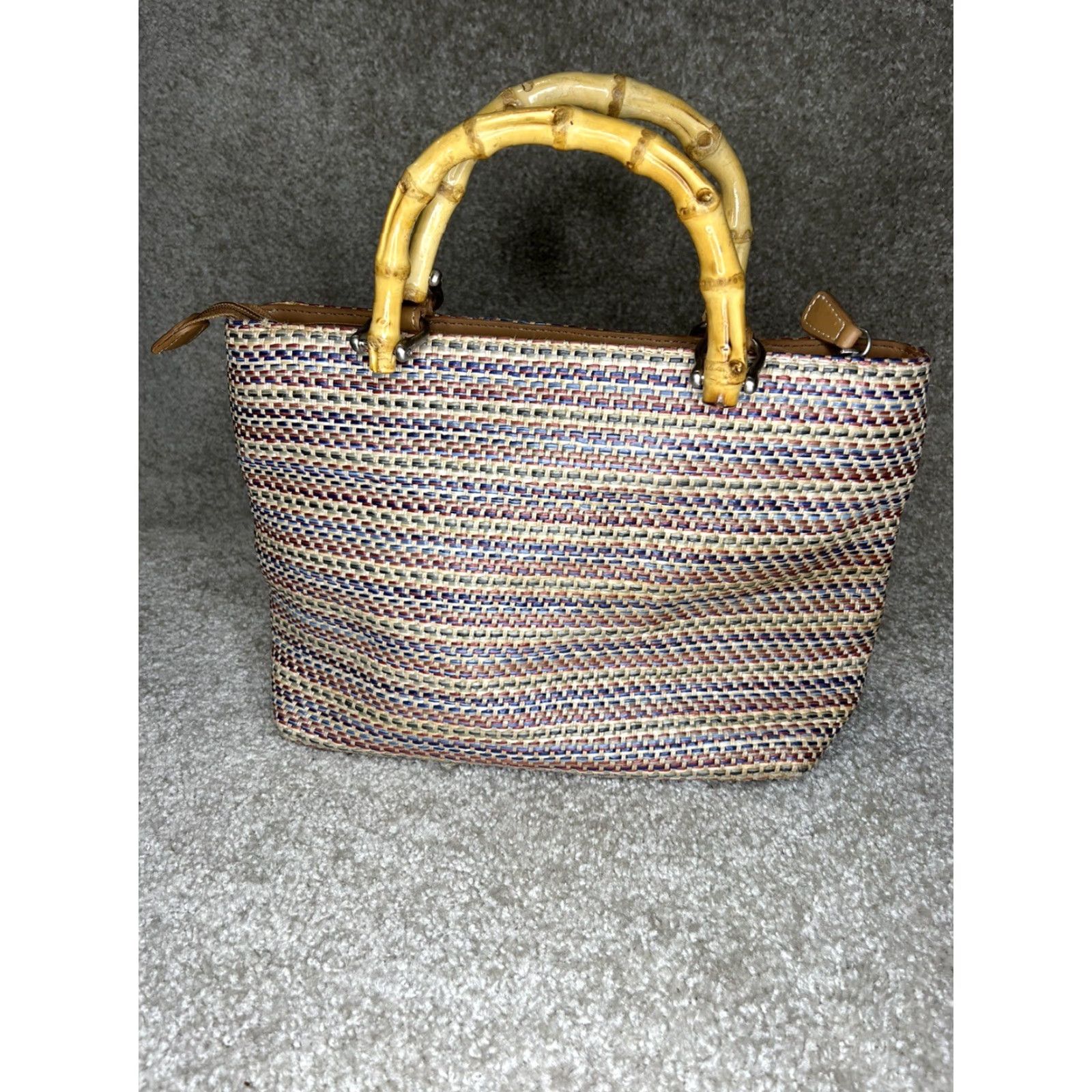 Rainbow VINTAGE Relic Handcrafted Woven Rainbow Threads Bamboo Handle Handbag Size ONE SIZE - 2 Thumbnail