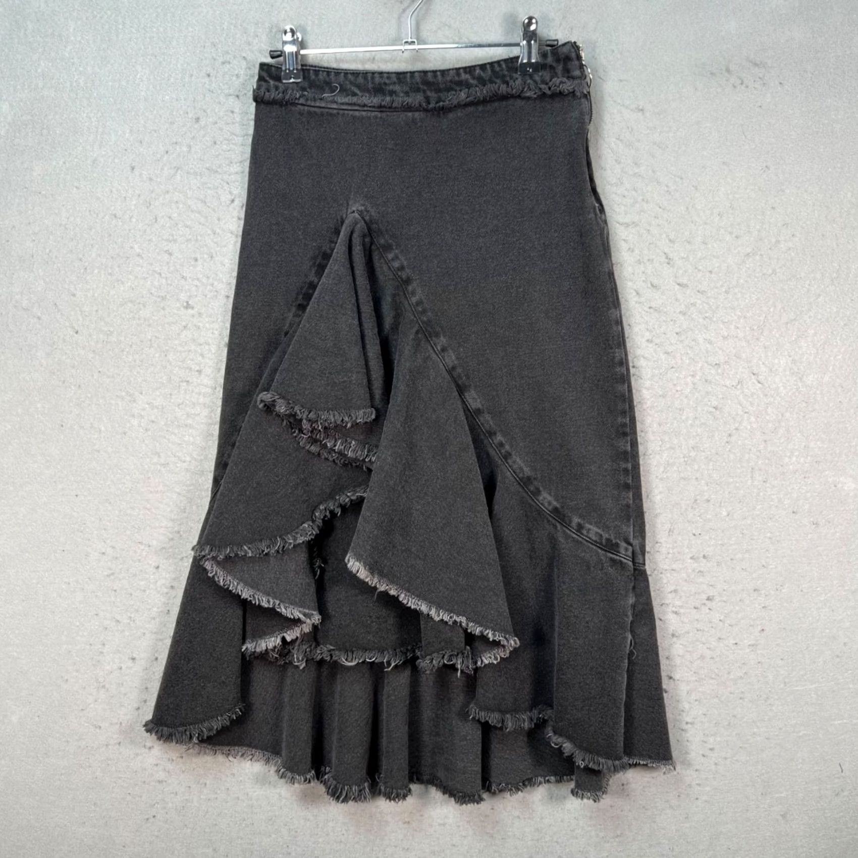 Zara Zara Womens XS Denim Asymmetrical Black Frayed Hem Maxi Skirt Size 26" / US 2 / IT 38 - 2 Thumbnail