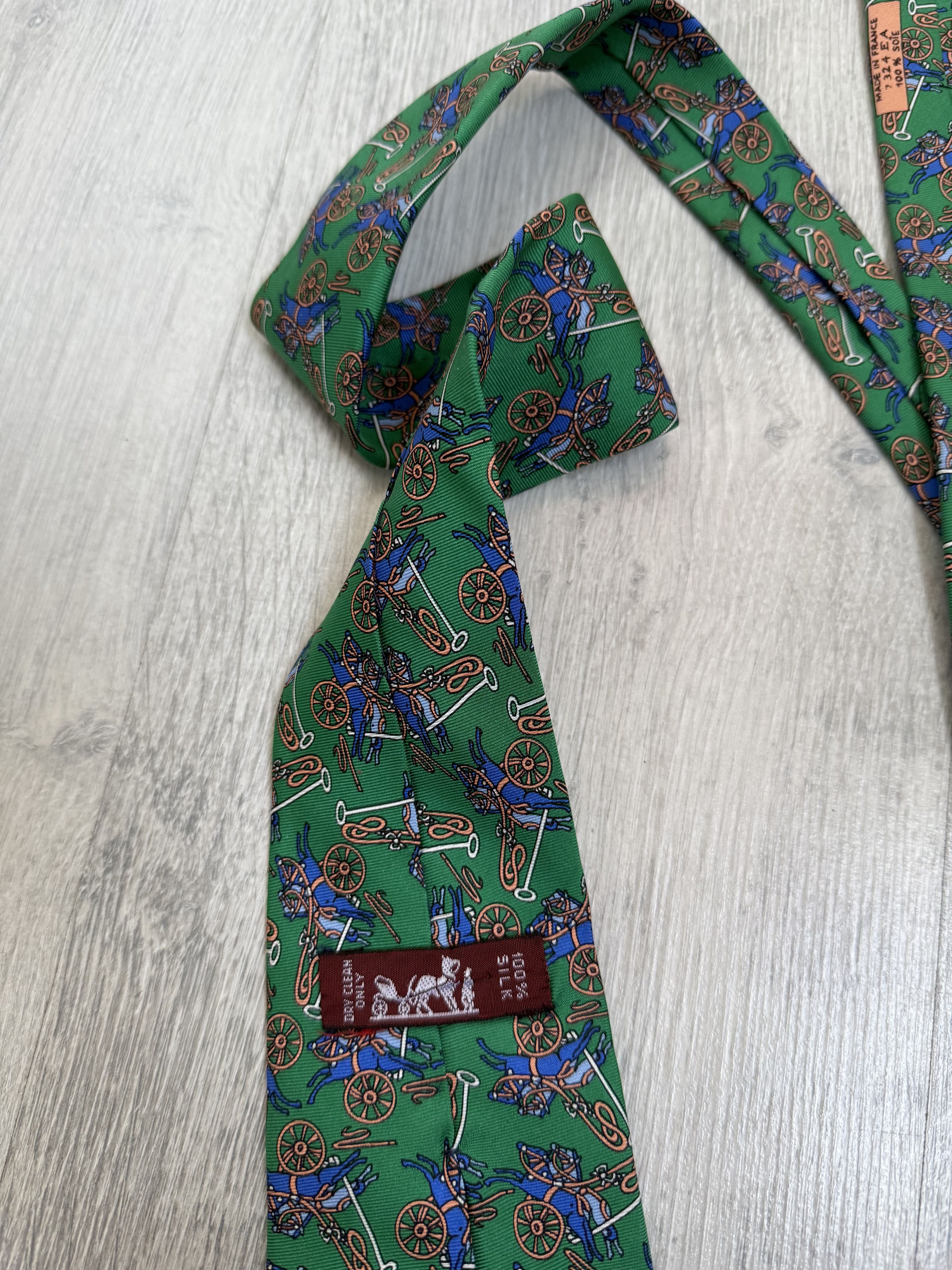Hermes Hermes Paris Silk Tie Green Equestrian Horse Carriage Print Size ONE SIZE - 4 Thumbnail