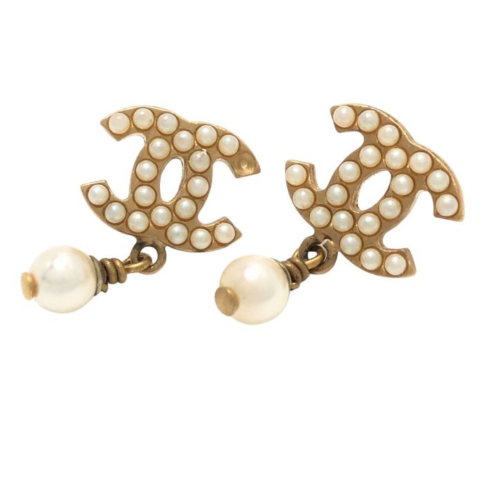 Chanel Coco Mark Vintage Fake Pearl Earrings Brand Accessories Women's - 2 Pieces