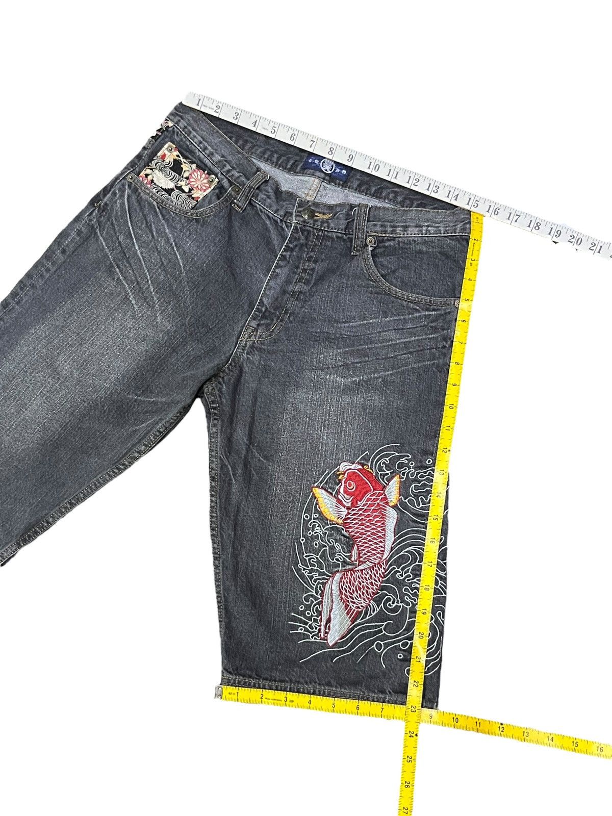 Boden 🔥BUDEN Koi Fish Embroidery Denim Shorts Wave Y2K Karakuri Size US 31 - 12 Thumbnail