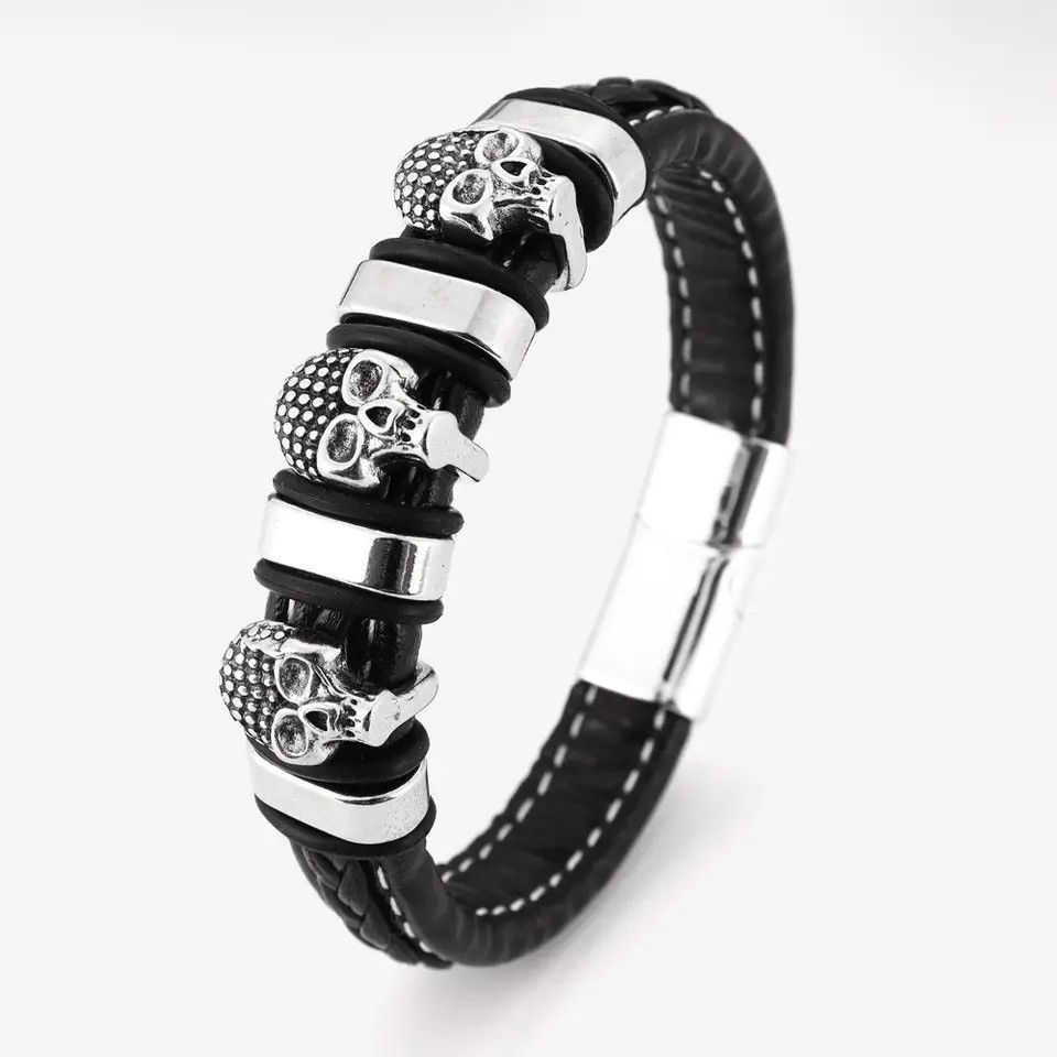 Jewelry Multi-Layer Leather Woven Skull Bracelet Size ONE SIZE - 6 Thumbnail