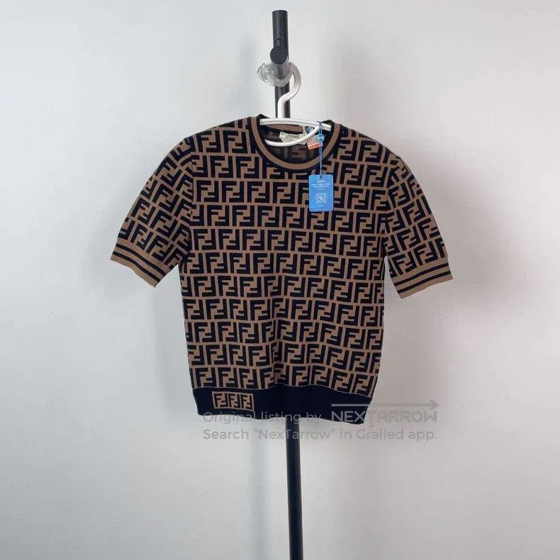 Fendi Brown full print logo short sleeve sweater