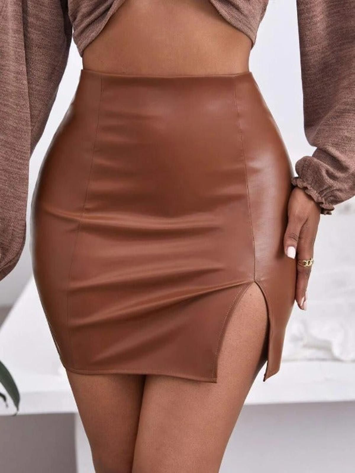 Shein Split Hem Leather Bodycon Skirt Size 32" / US 10 / IT 46 - 2 Thumbnail